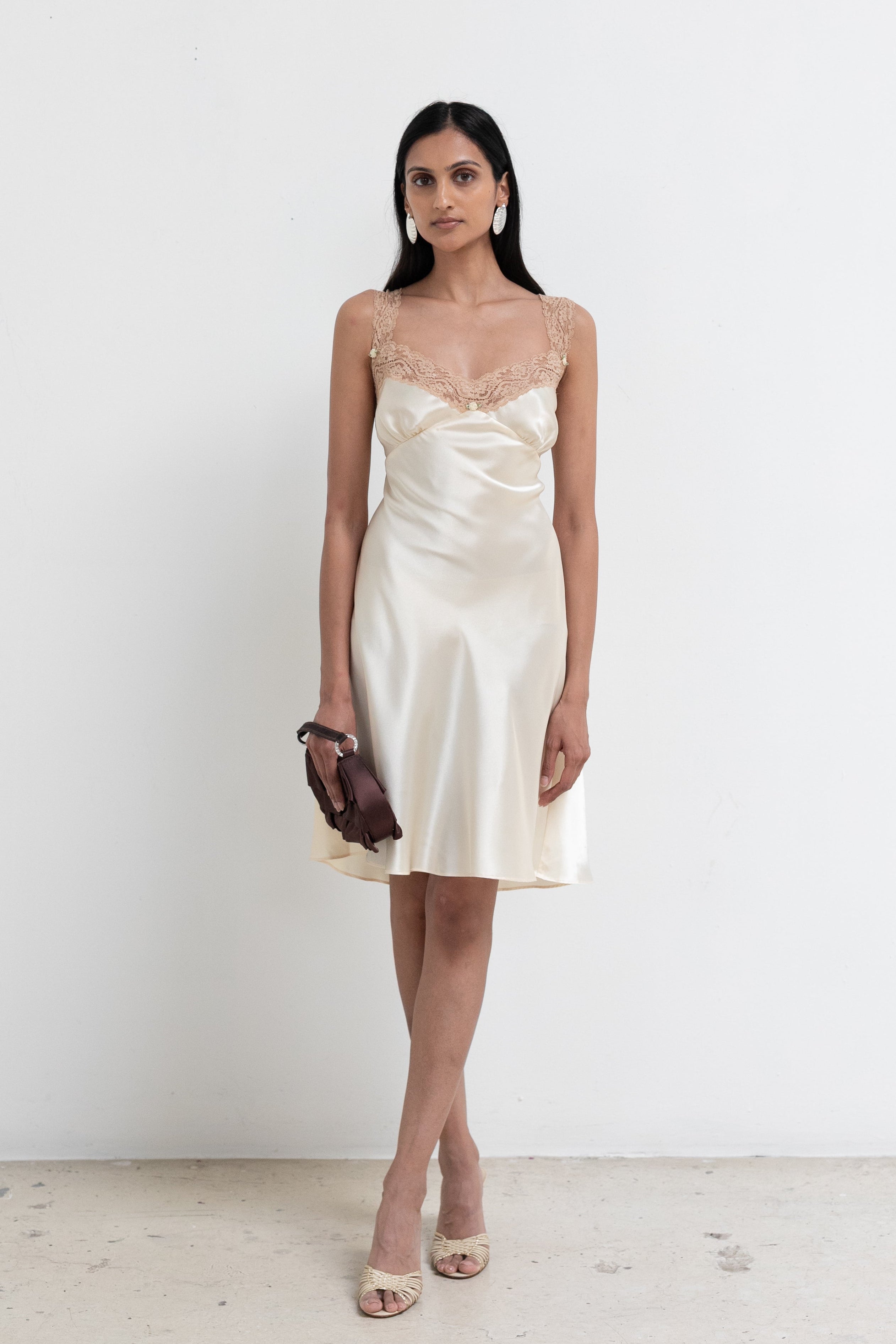 Vintage Pale Yellow Lace Satin Slip Dress