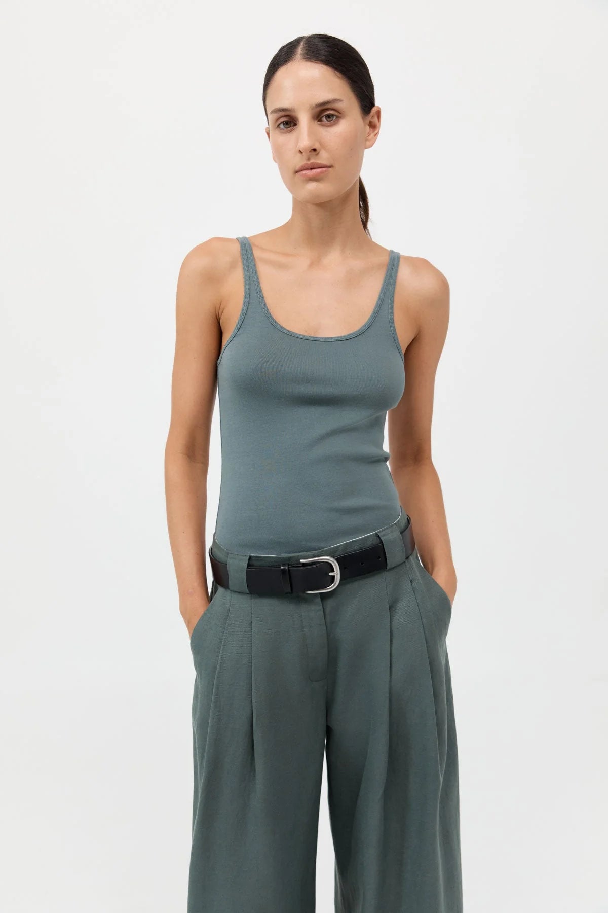 St. Agni Wide Leg Pleat Pants - Balsam Green