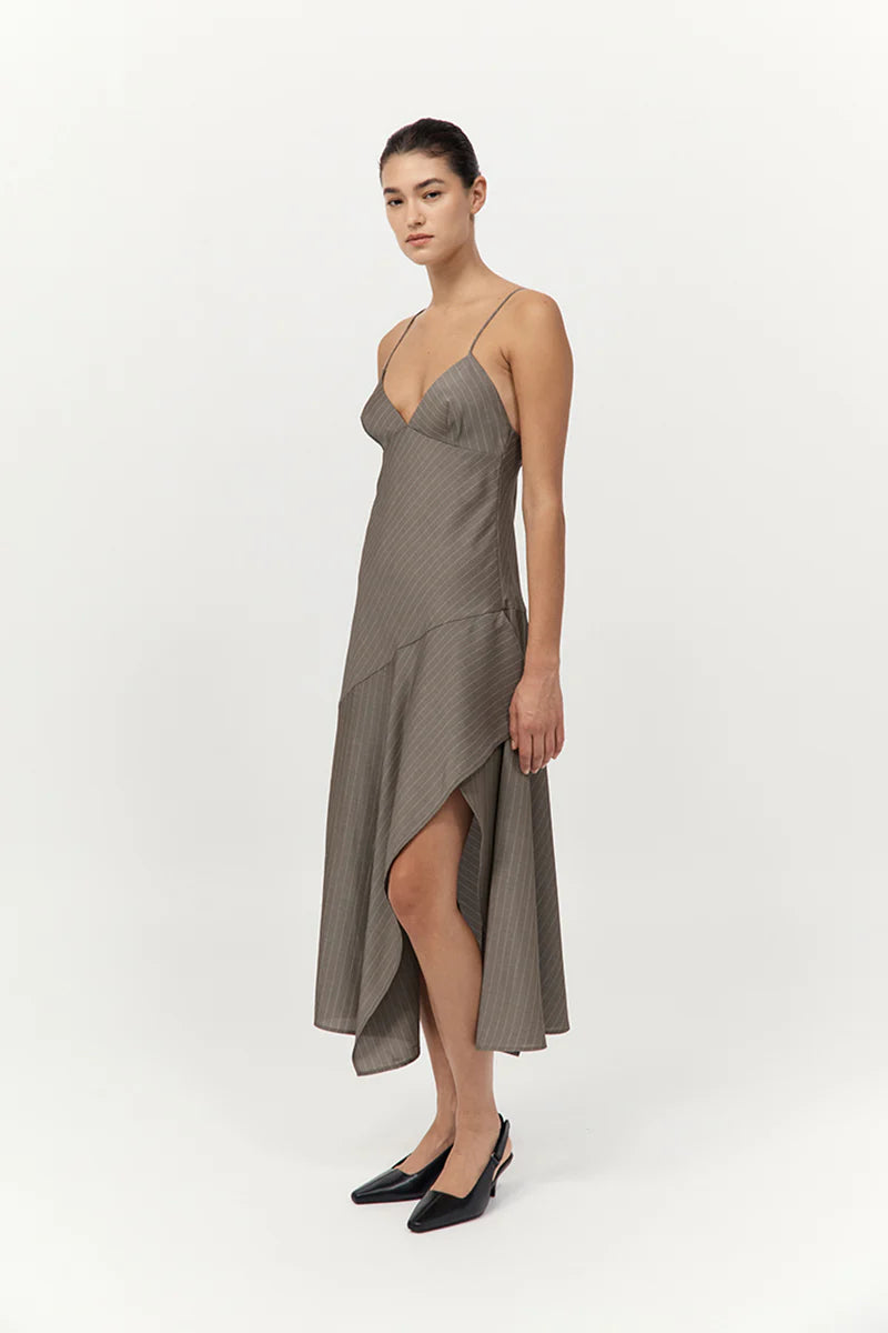 St. Agni Khaki Pinstripe Asymmetric Slip Dress
