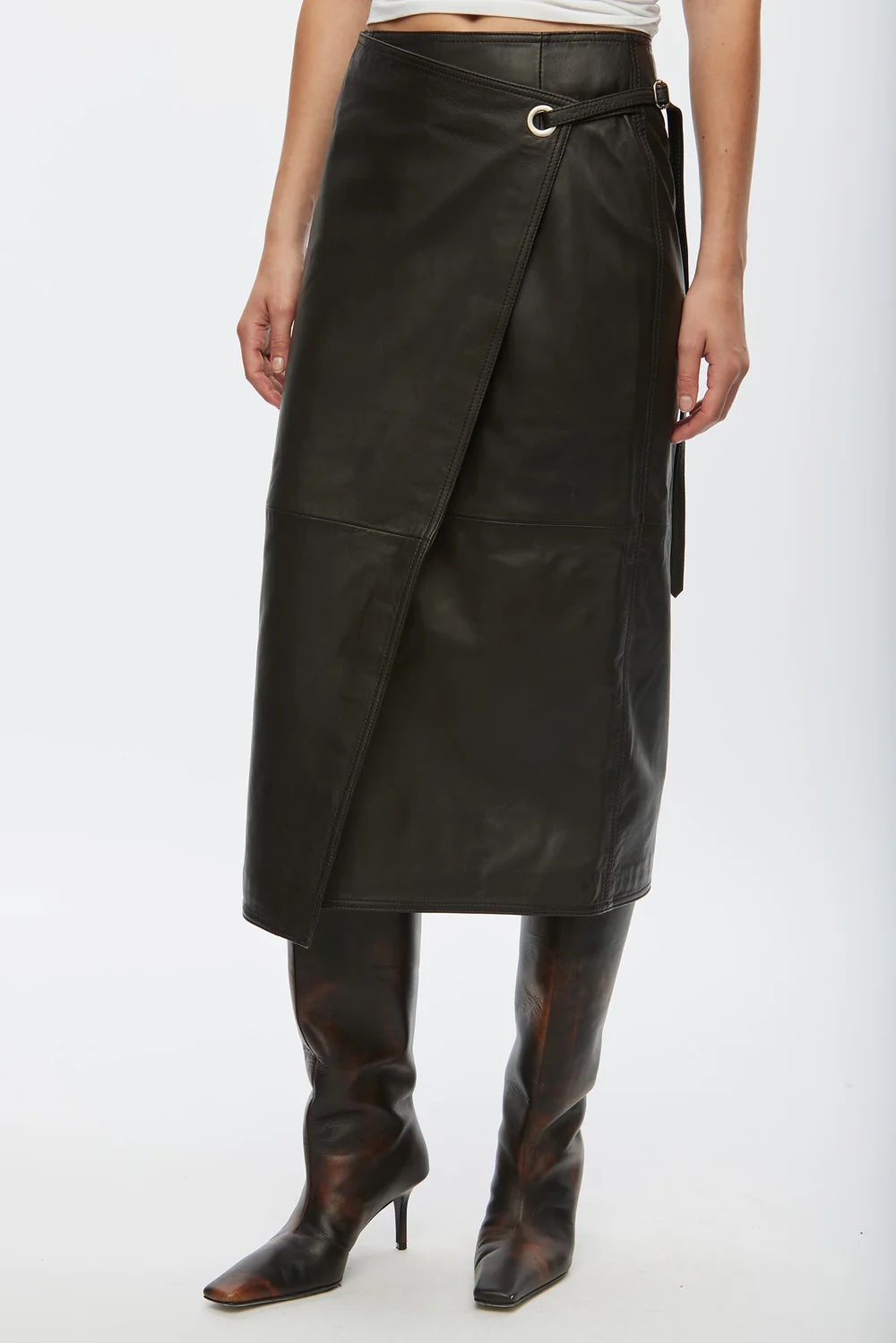 Oval Square Chocolate Reflection Leather Wrap Skirt