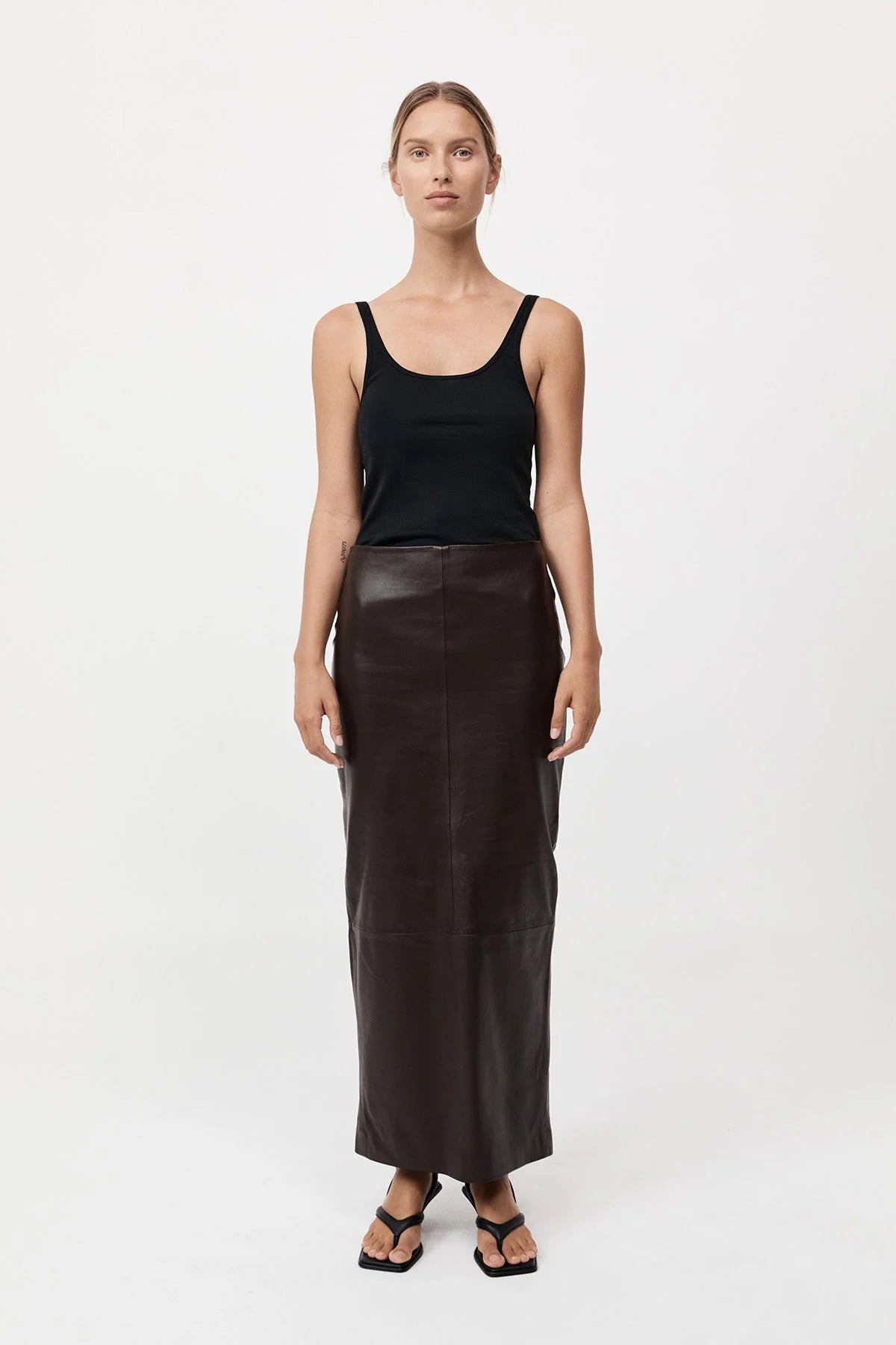 St. Agni Chocolate Leather Column Skirt
