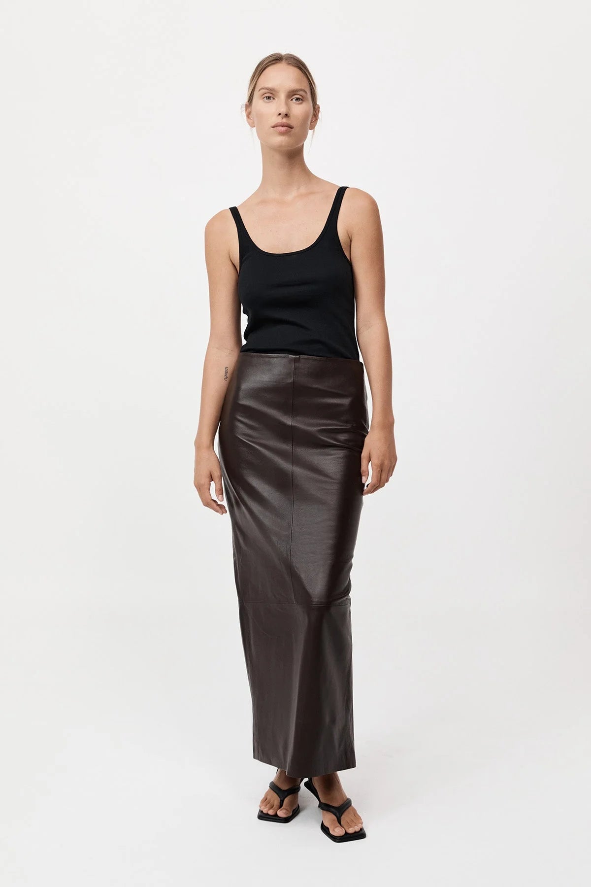 St. Agni Chocolate Leather Column Skirt