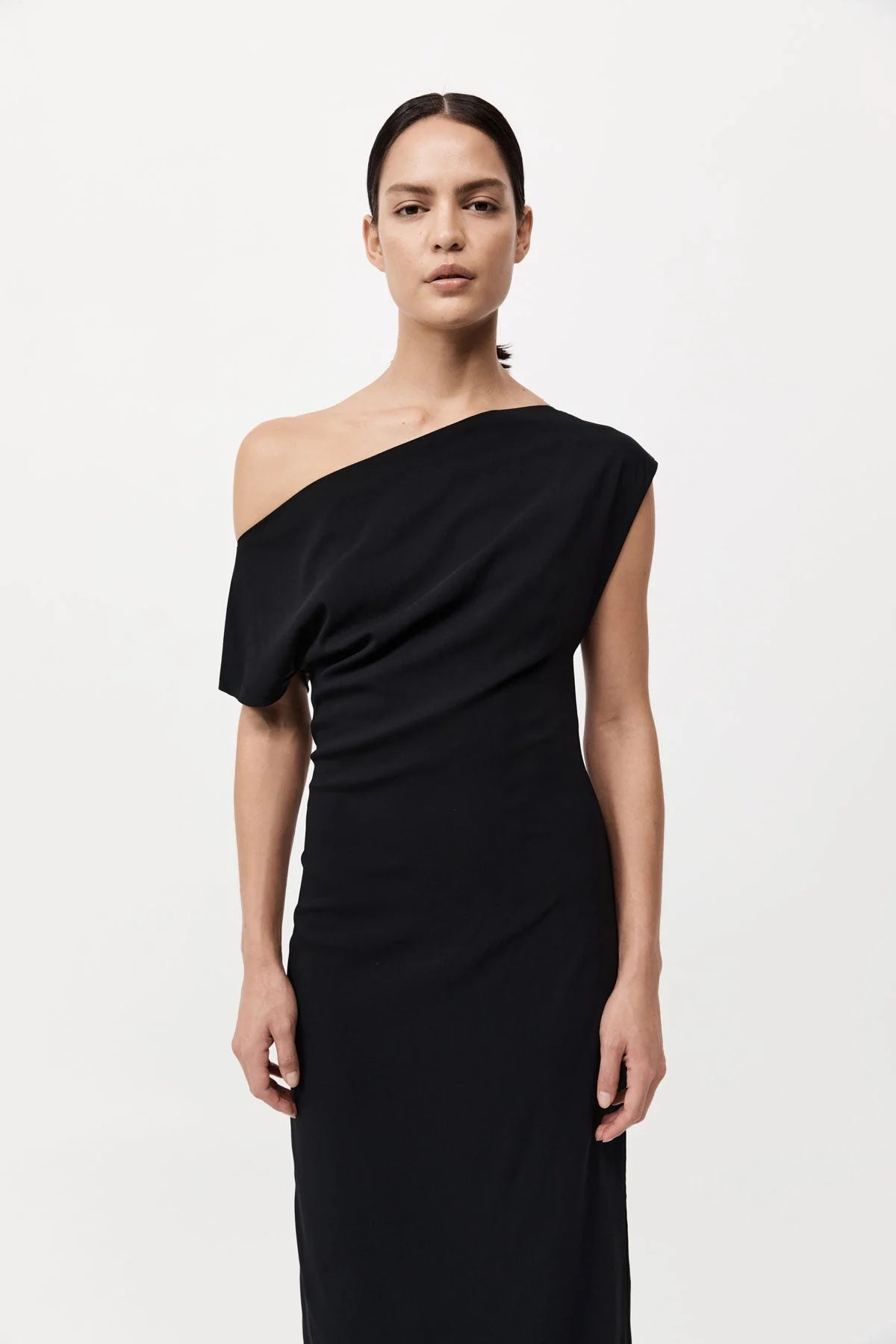 St. Agni Black Asymmetric Off Shoulder Dress