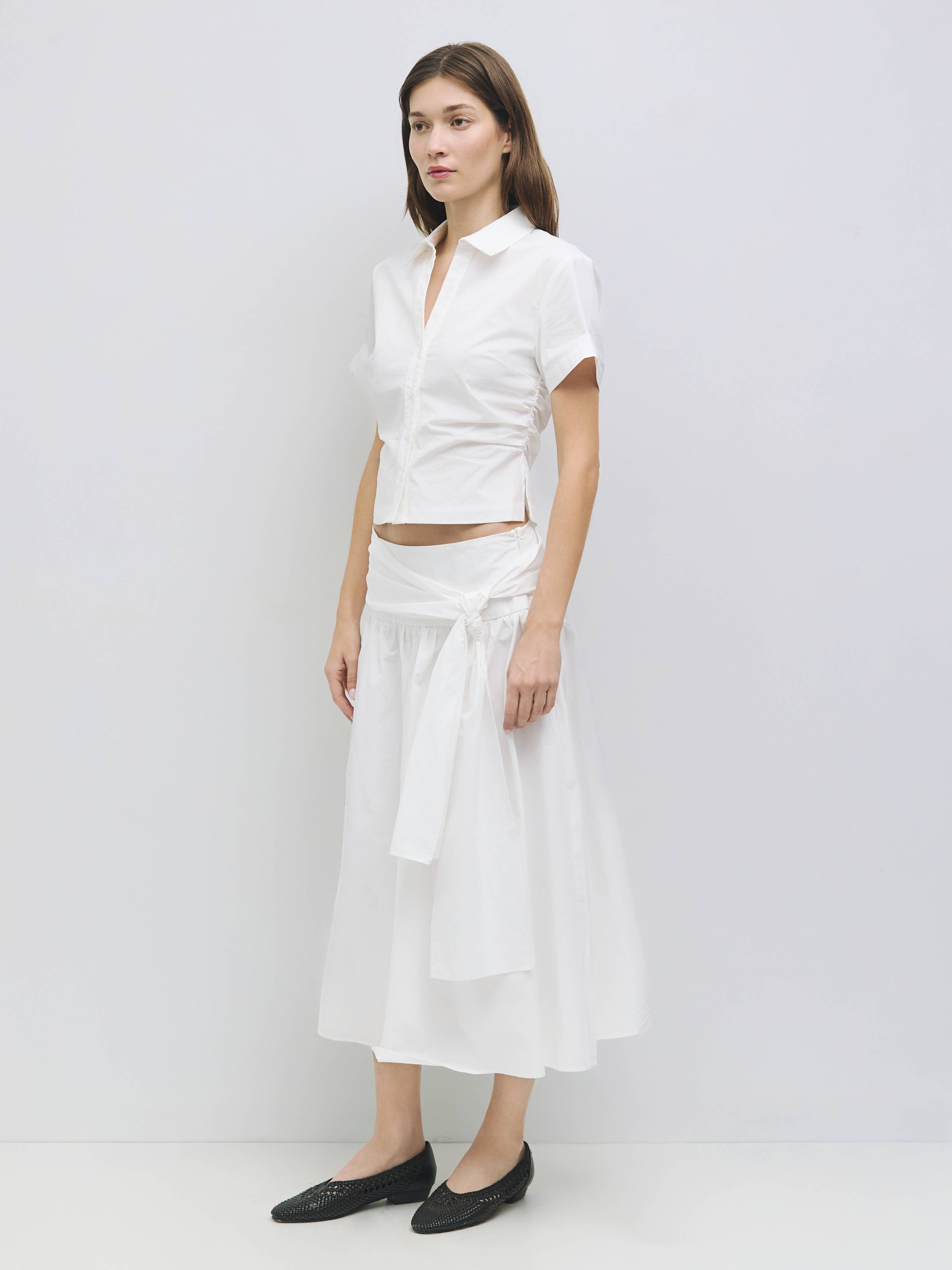 White Ruth Tie Waist Midi Skirt