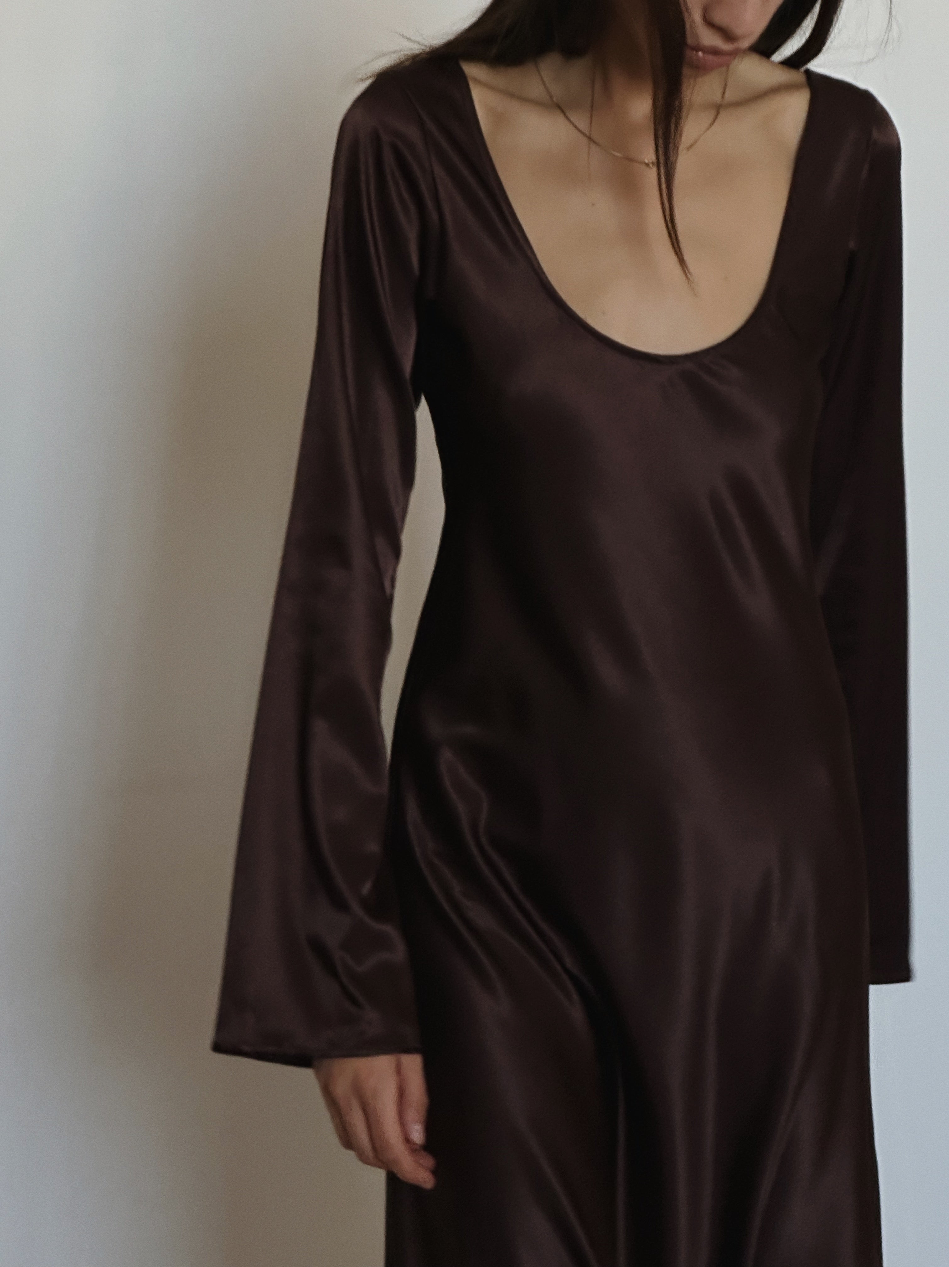 Trois Lover Chocolate Satin Long Sleeve Maxi Dress