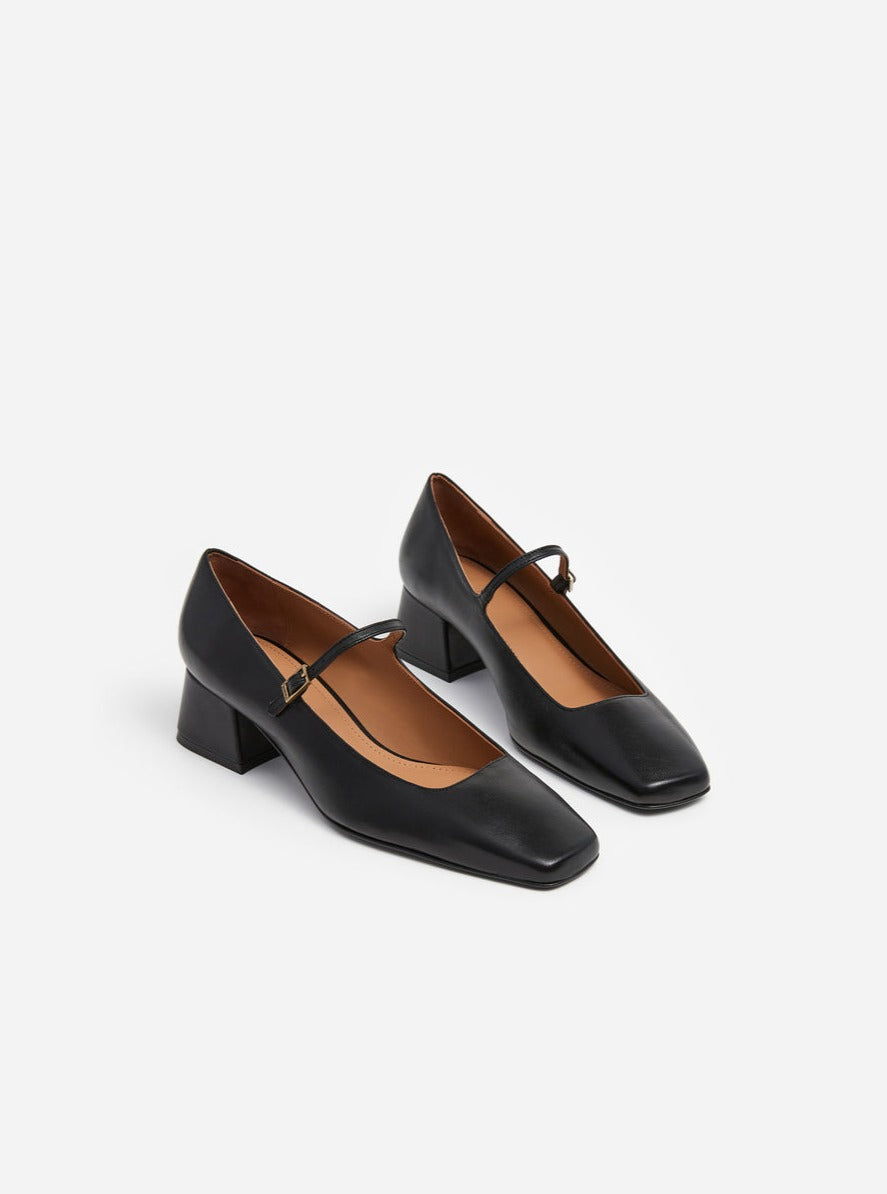 Flattered Black Leather Evan Mary Jane Heel