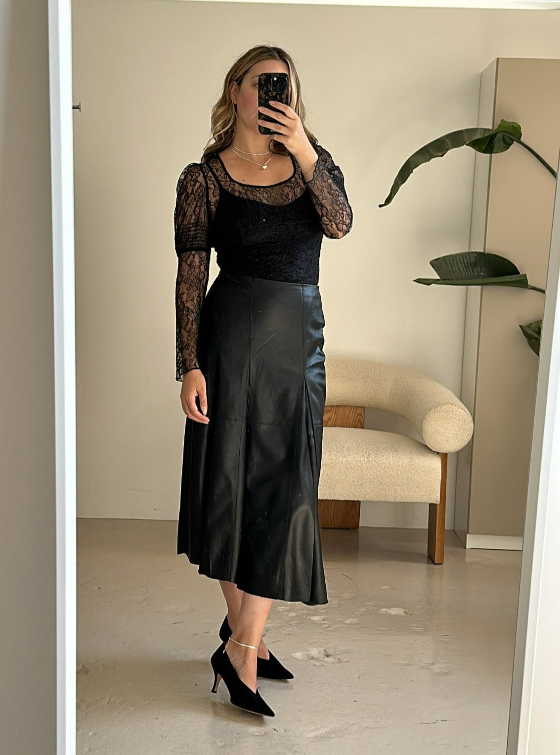 Vegan Leather Midi Box Pleat Skirt
