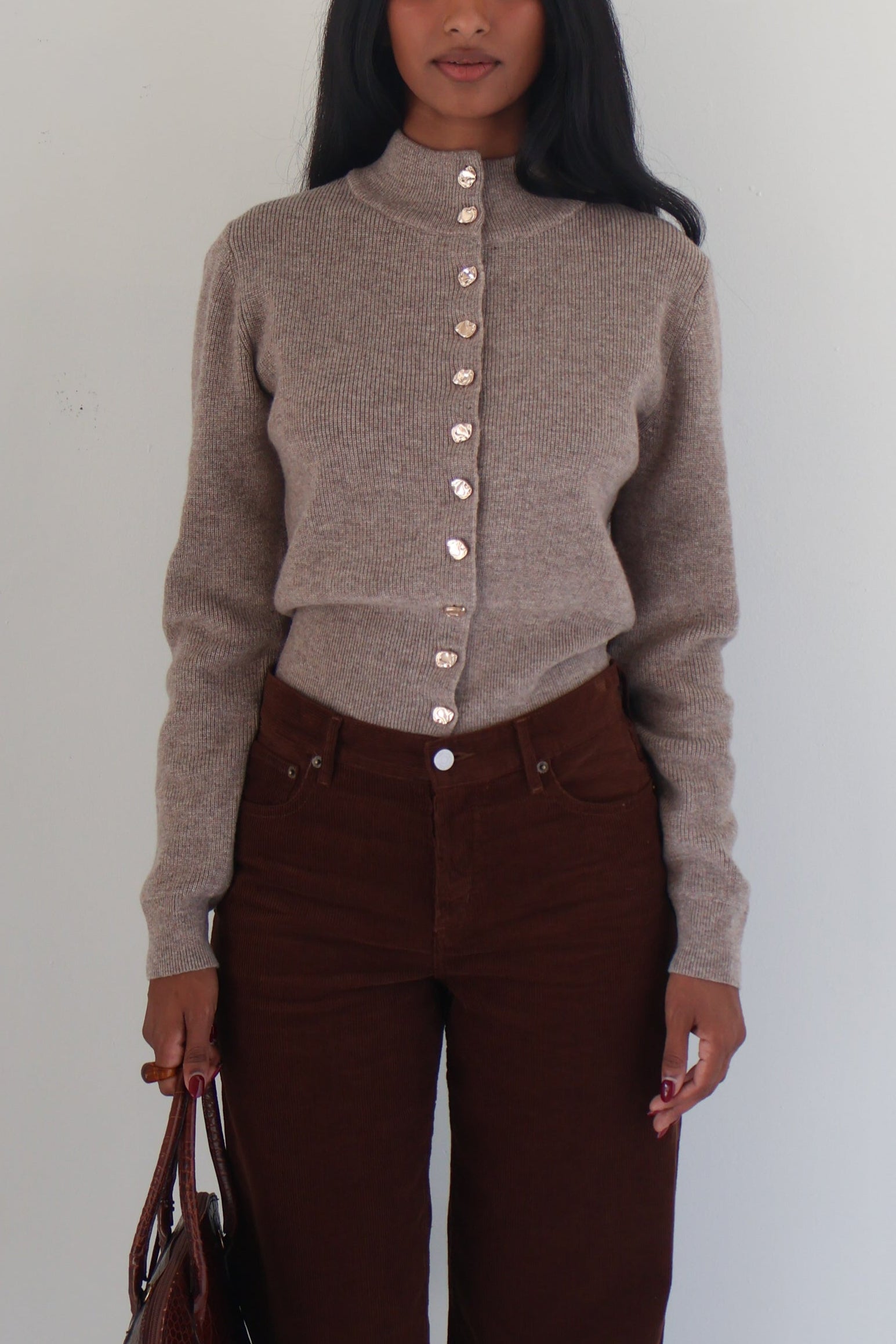 Taupe High Neck Tawni Cardigan