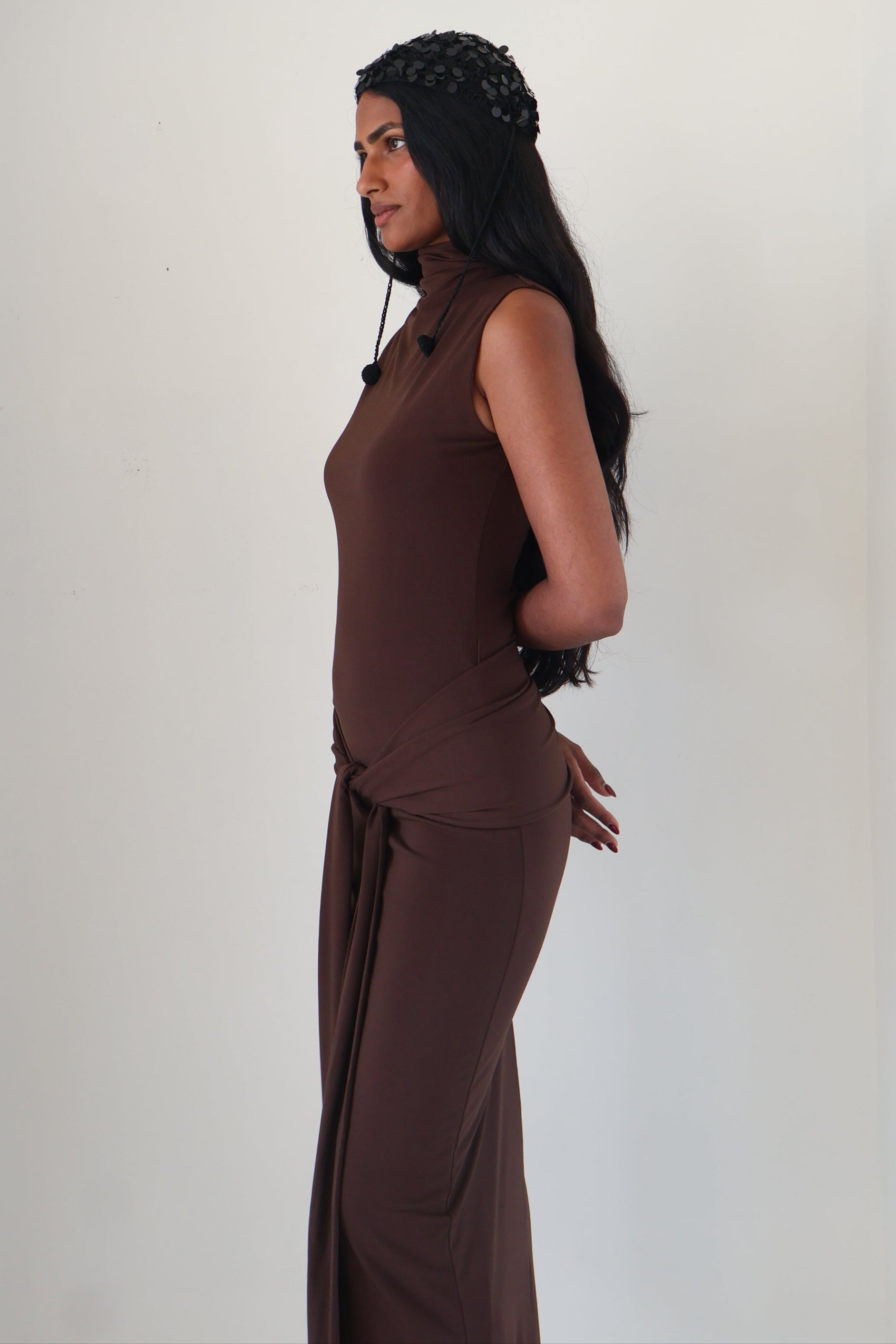 Espresso High Neck Tie Waist Dress