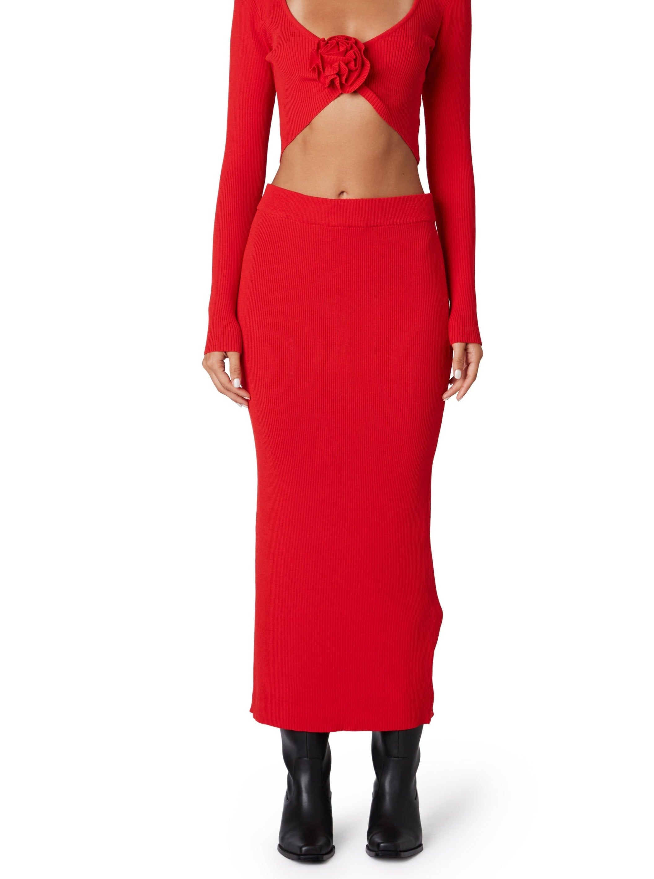 Cherry Red Paris Knit Midi Skirt