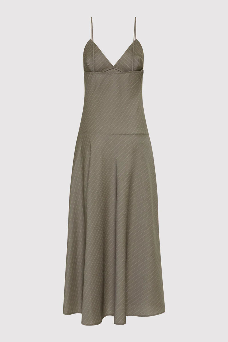 St. Agni Khaki Pinstripe Asymmetric Slip Dress