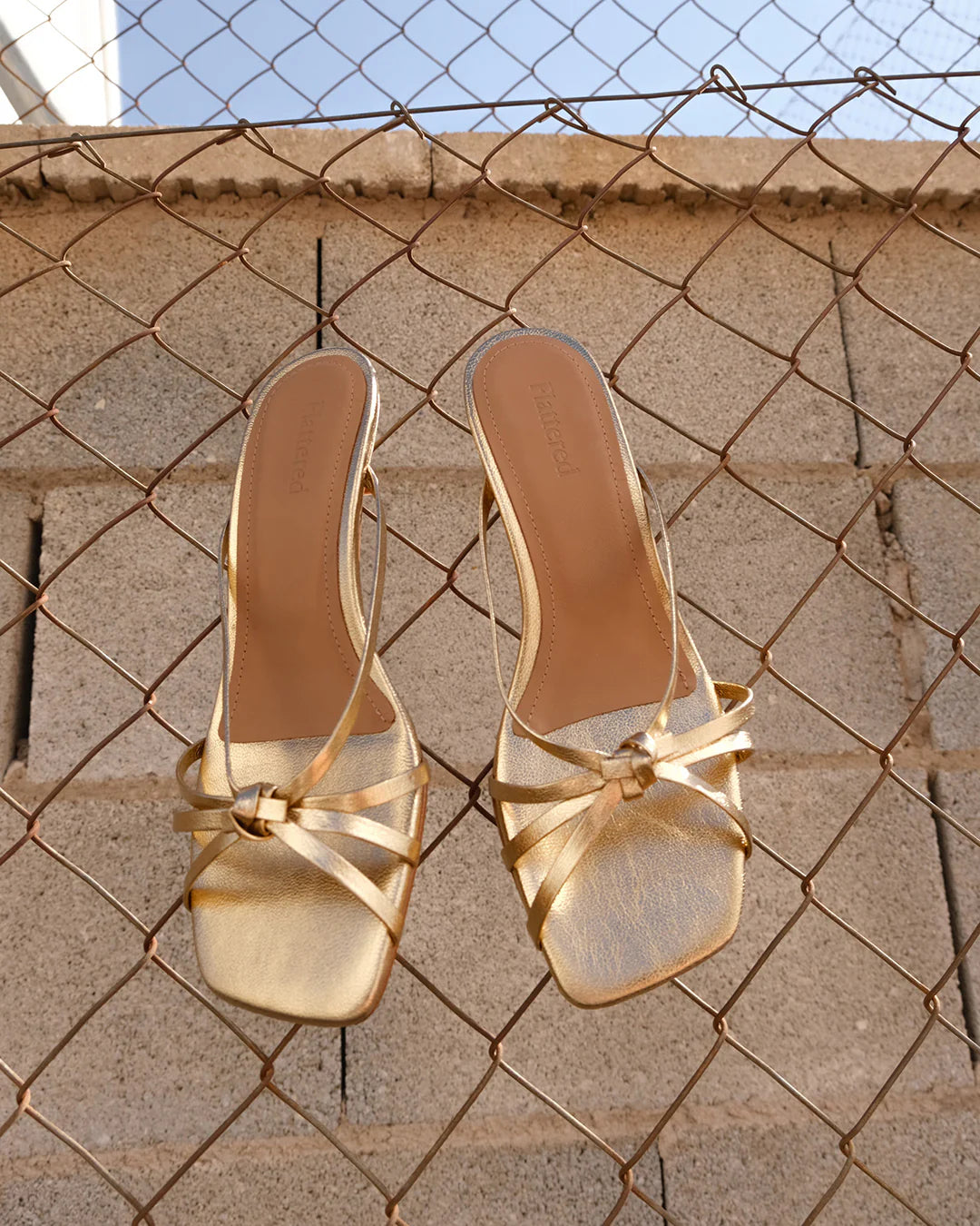 Flattered Eunisa Leather Gold Strappy Kitten Heel