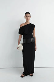 St. Agni Black Asymmetric Off Shoulder Dress