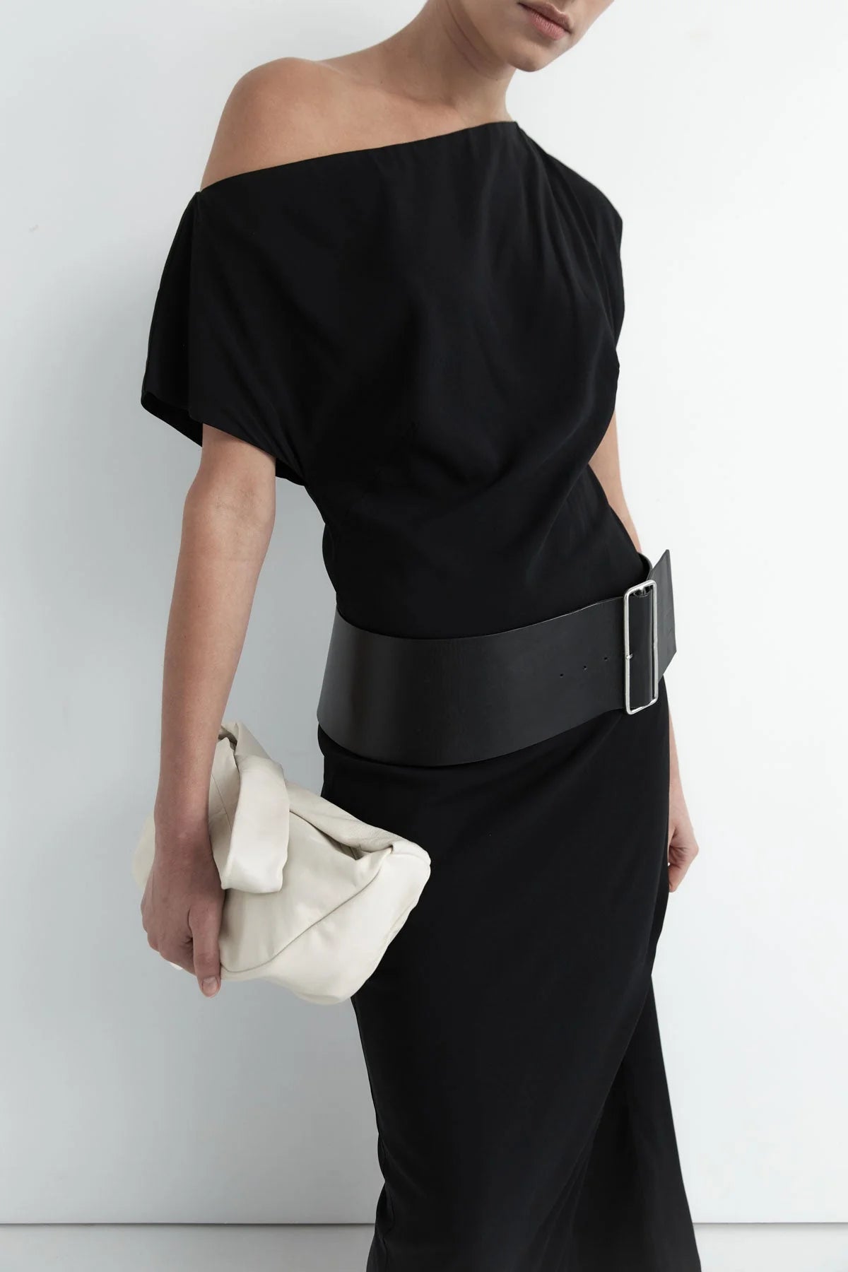 St. Agni Black Asymmetric Off Shoulder Dress