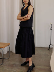 Black Pleated Waist Midi Skirt