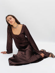 Trois Lover Chocolate Satin Long Sleeve Maxi Dress