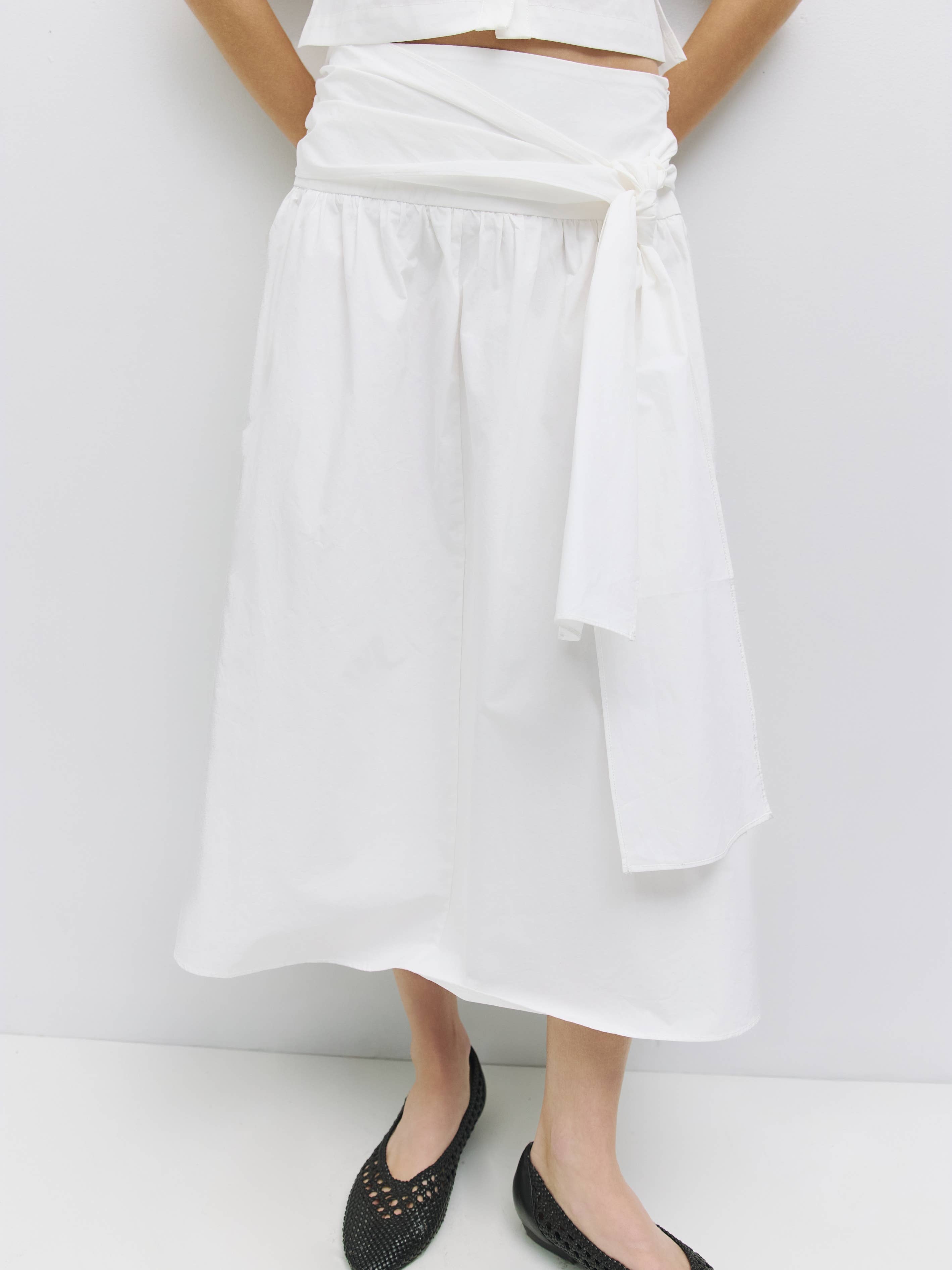 White Ruth Tie Waist Midi Skirt