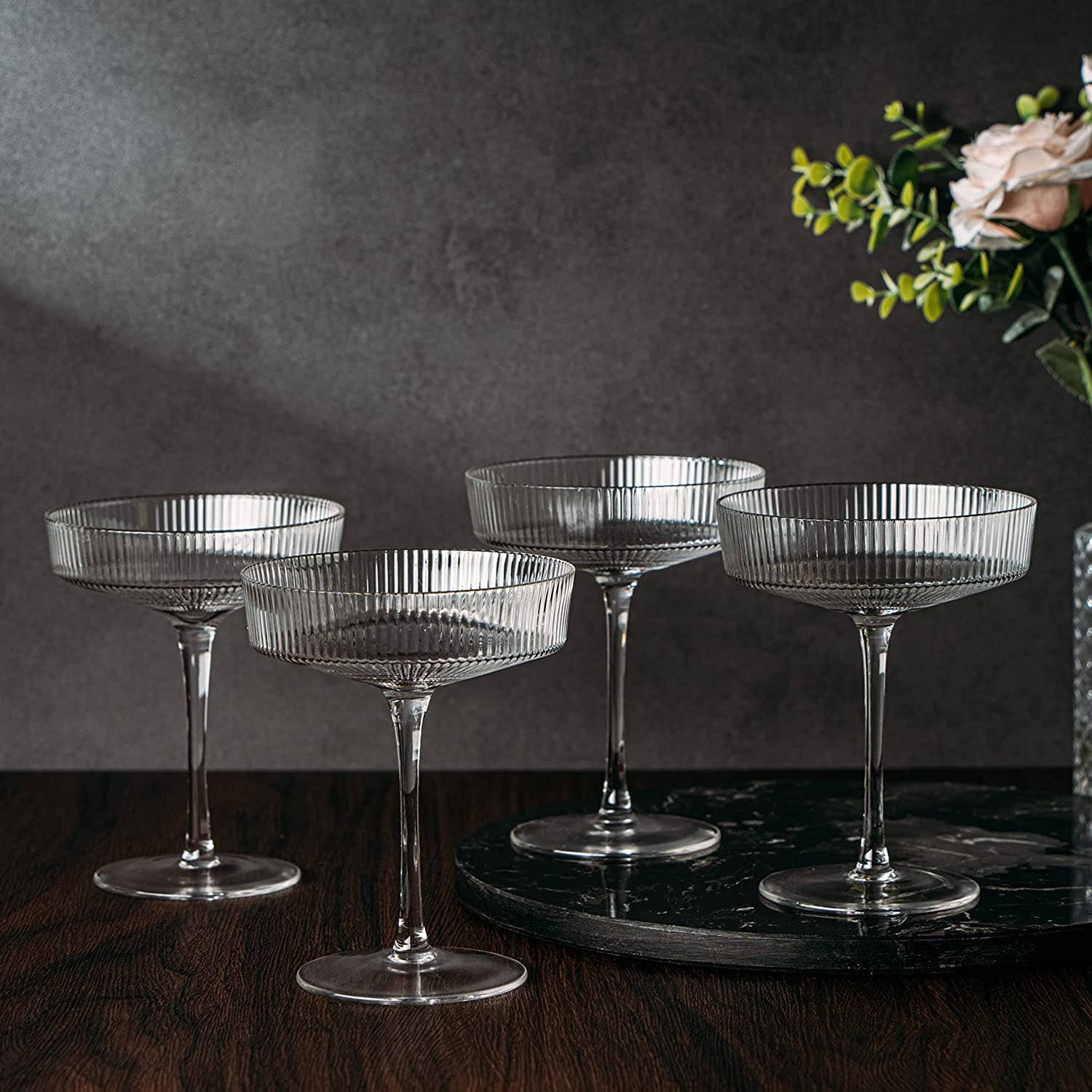 Ribbed Art Deco Crystal Coupe Cocktail Glasses | Set of 4