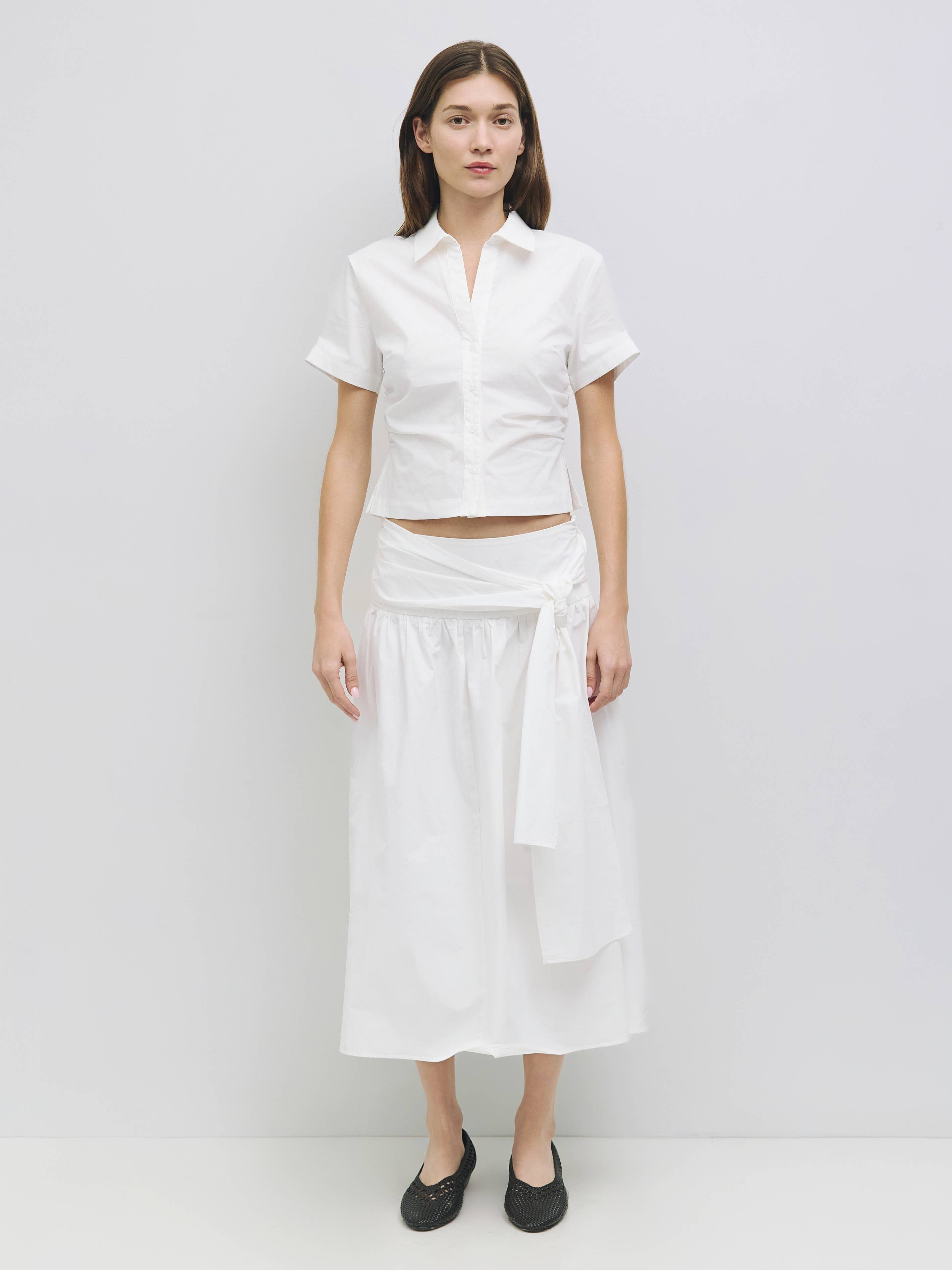 White Ruth Tie Waist Midi Skirt