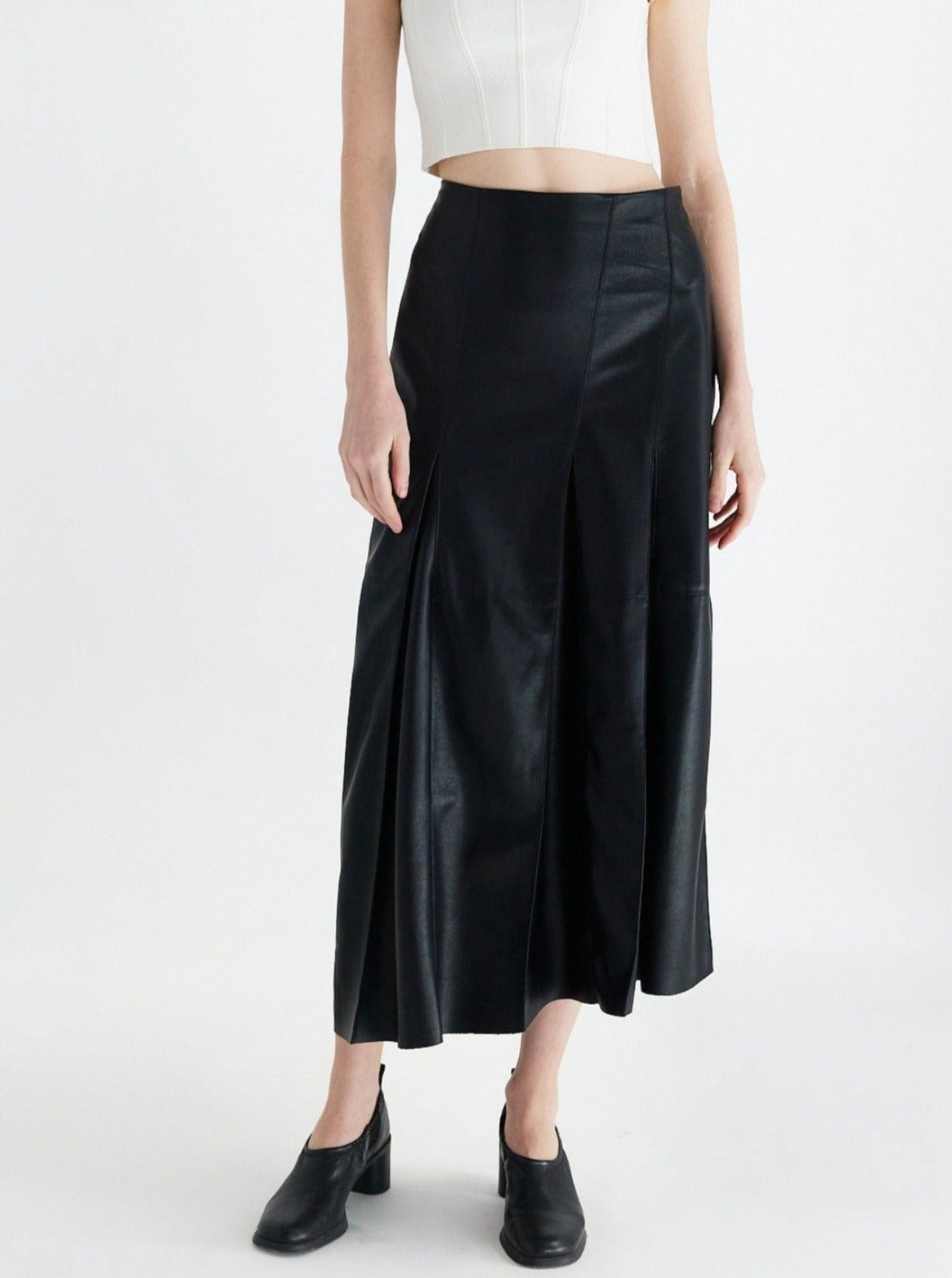 Vegan Leather Midi Box Pleat Skirt