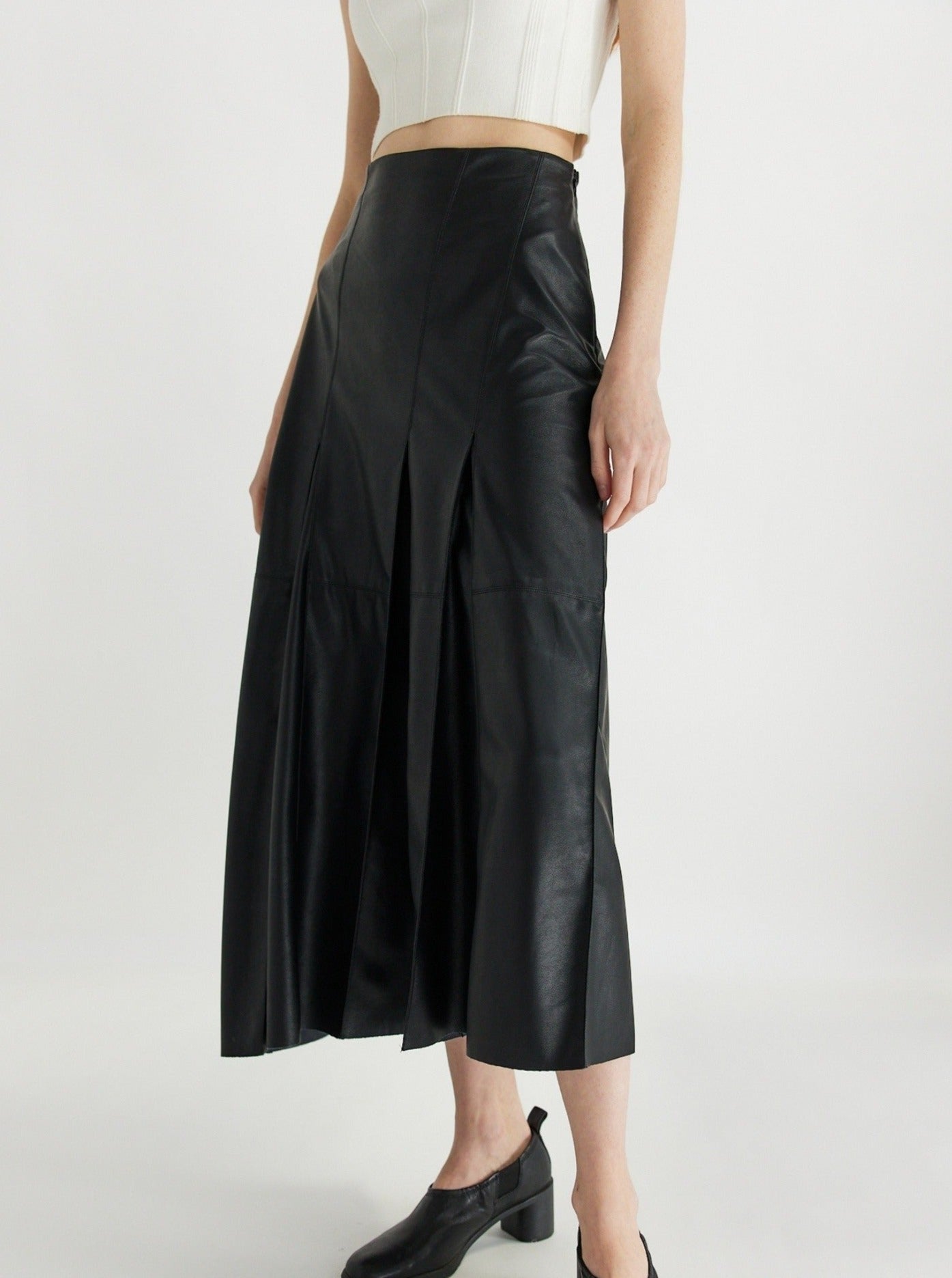 Vegan Leather Midi Box Pleat Skirt