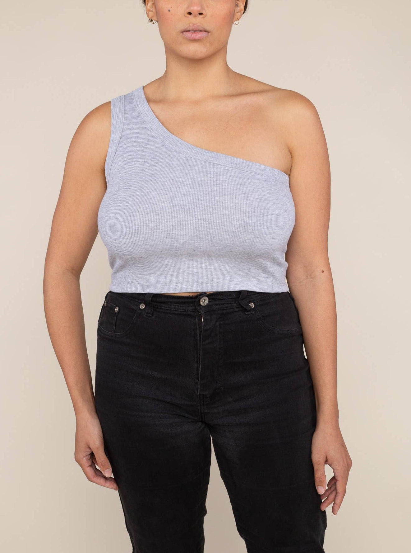 One Shoulder Grey Ribbed Crop Tank