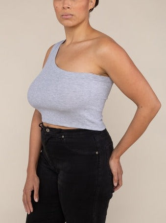 One Shoulder Grey Ribbed Crop Tank