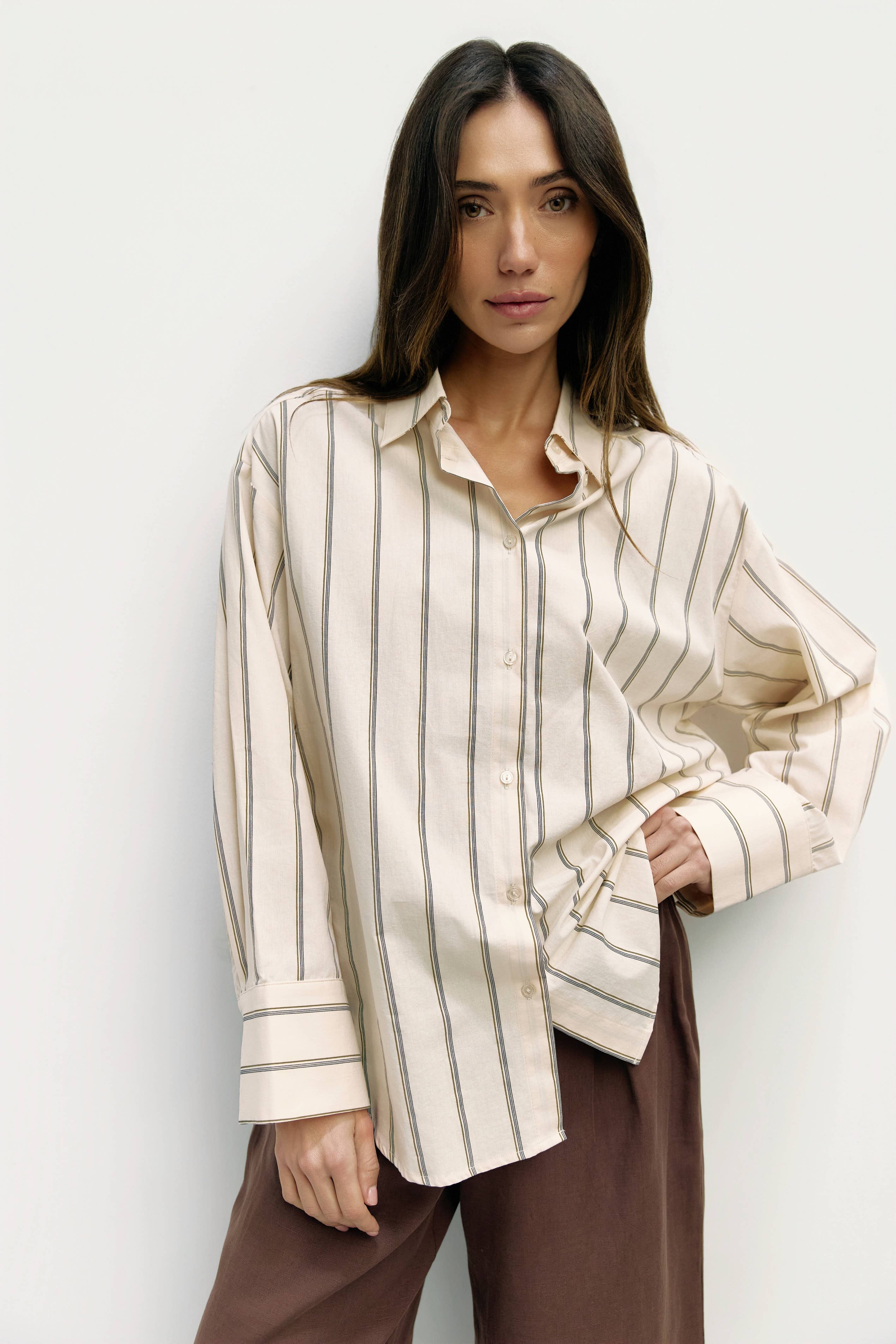 Cream Striped Cotton Poplin Blouse