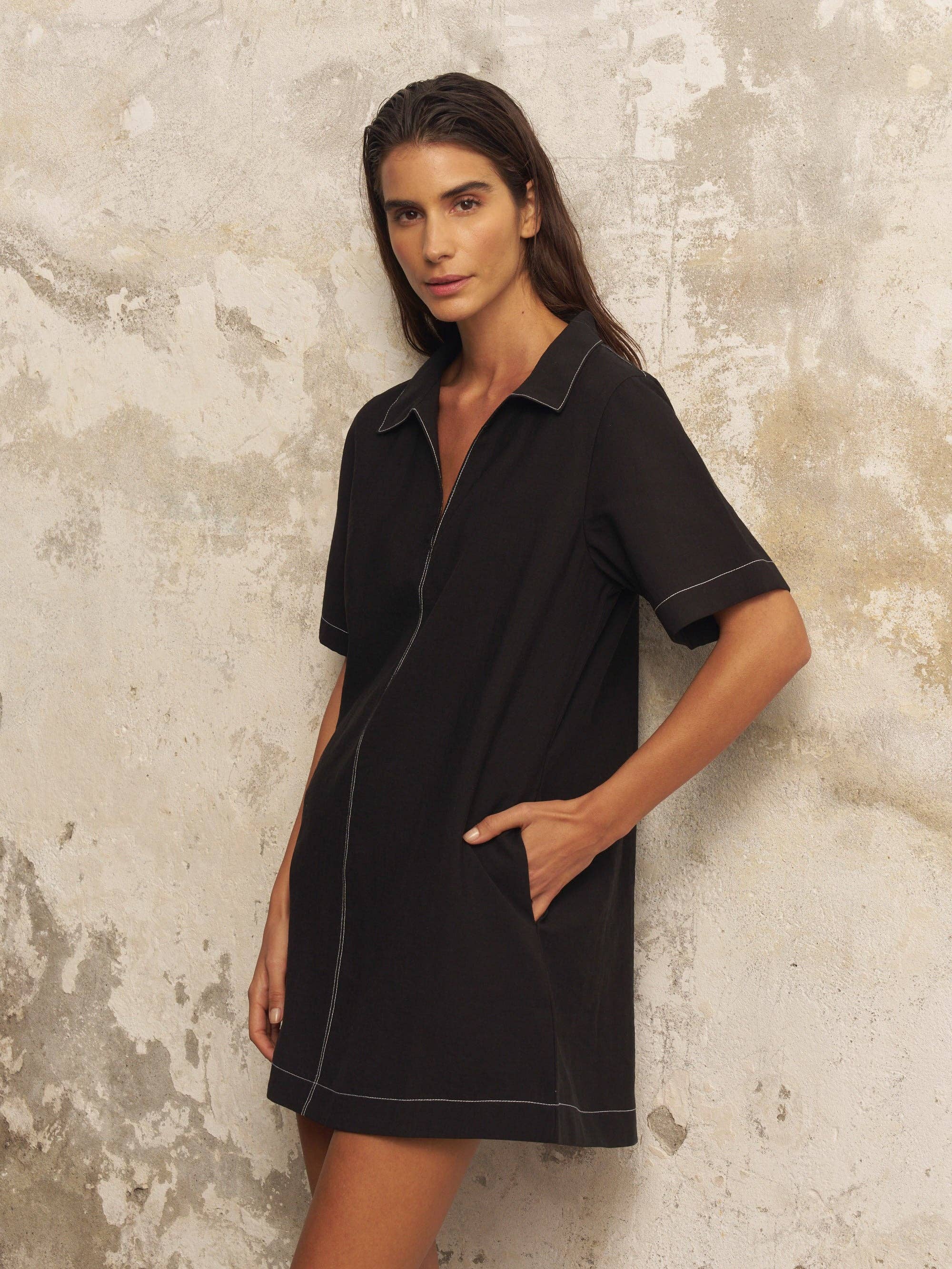 The Handloom Black Mae Mini Shirt Dress
