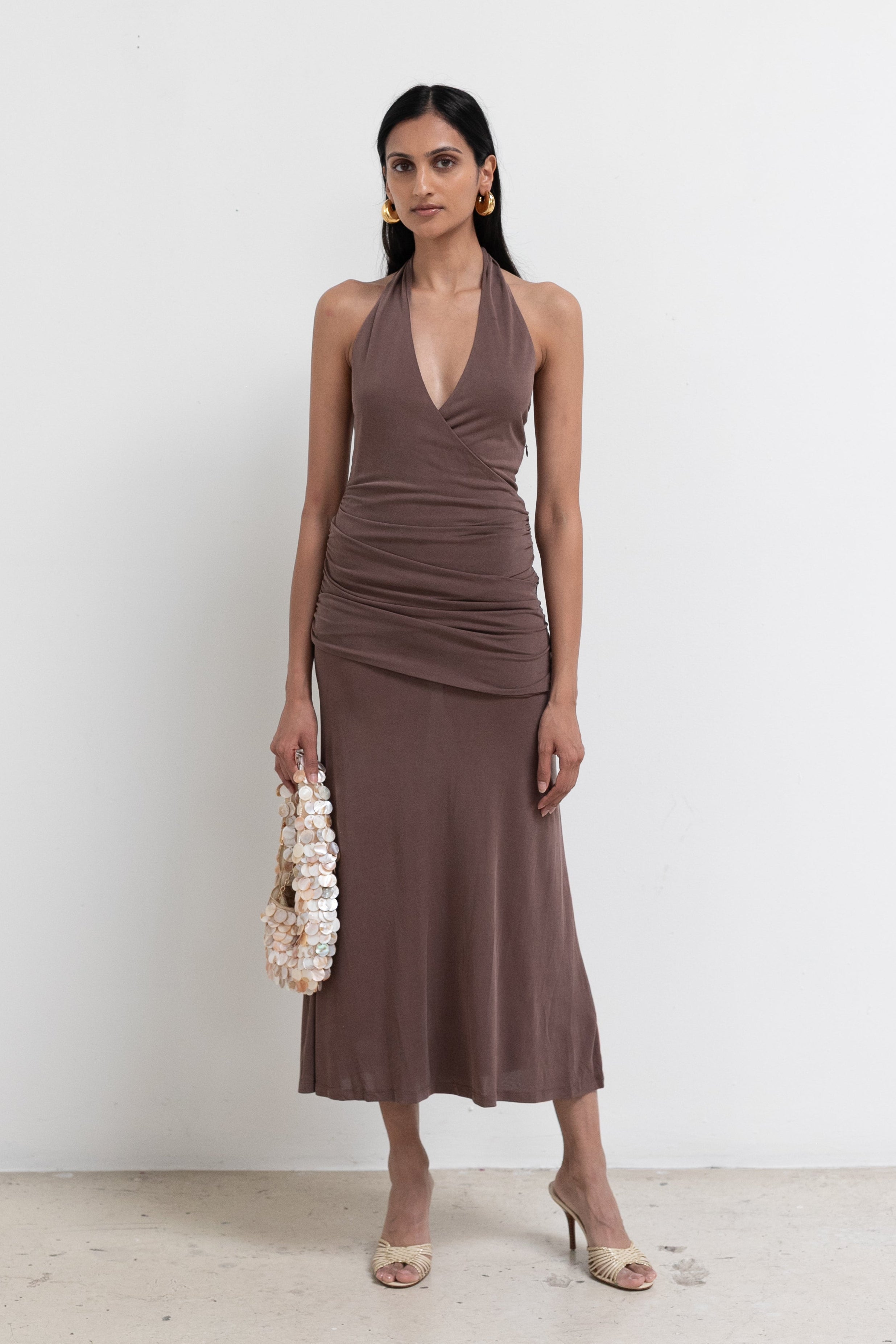 Brown Marina Halter Midi Dress