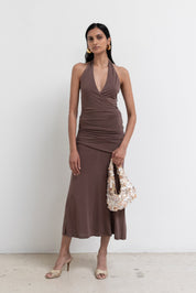 Brown Marina Halter Midi Dress