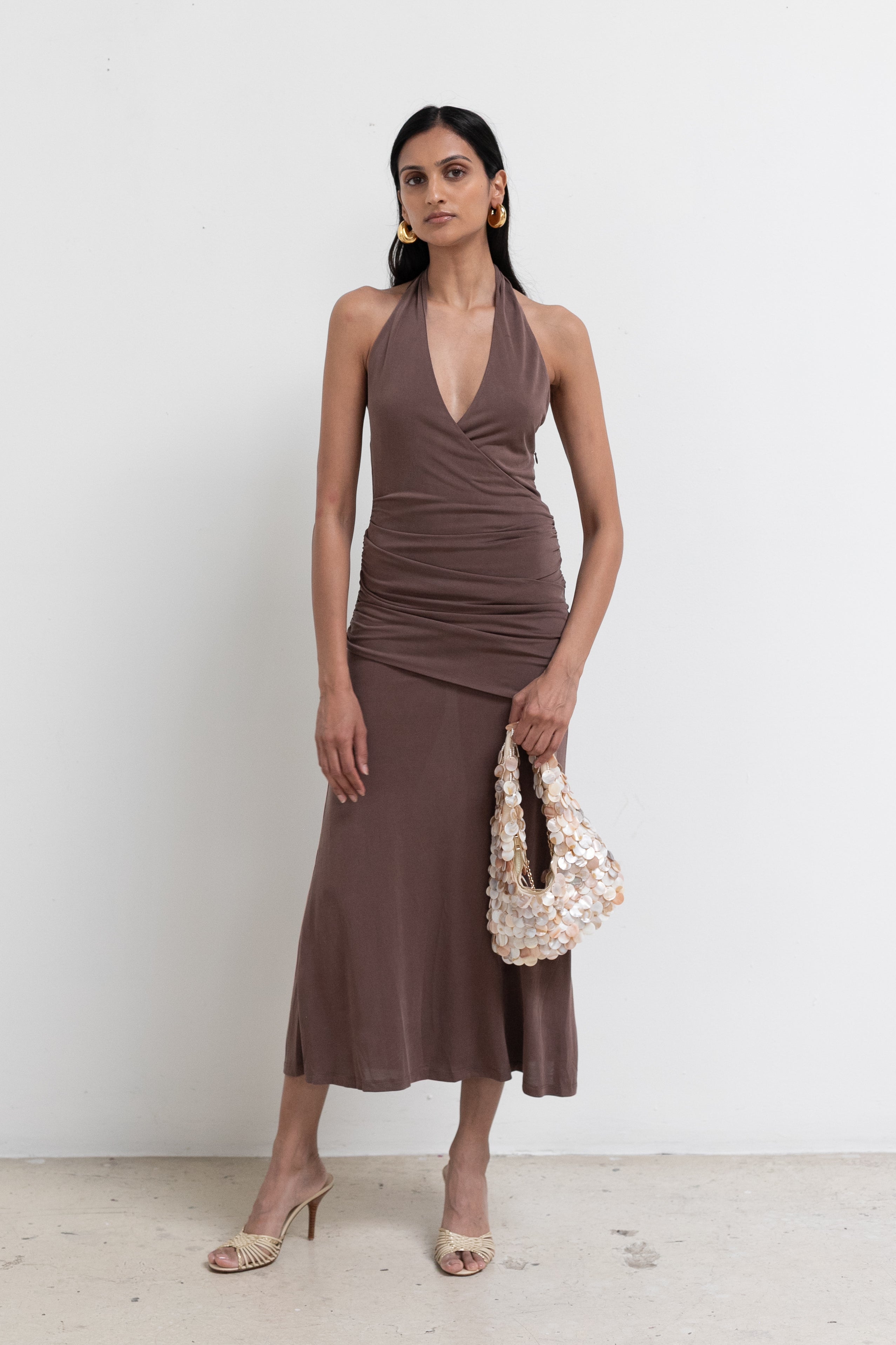 Brown Marina Halter Midi Dress