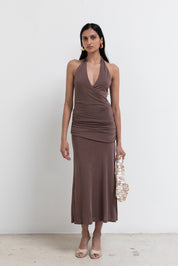 Brown Marina Halter Midi Dress