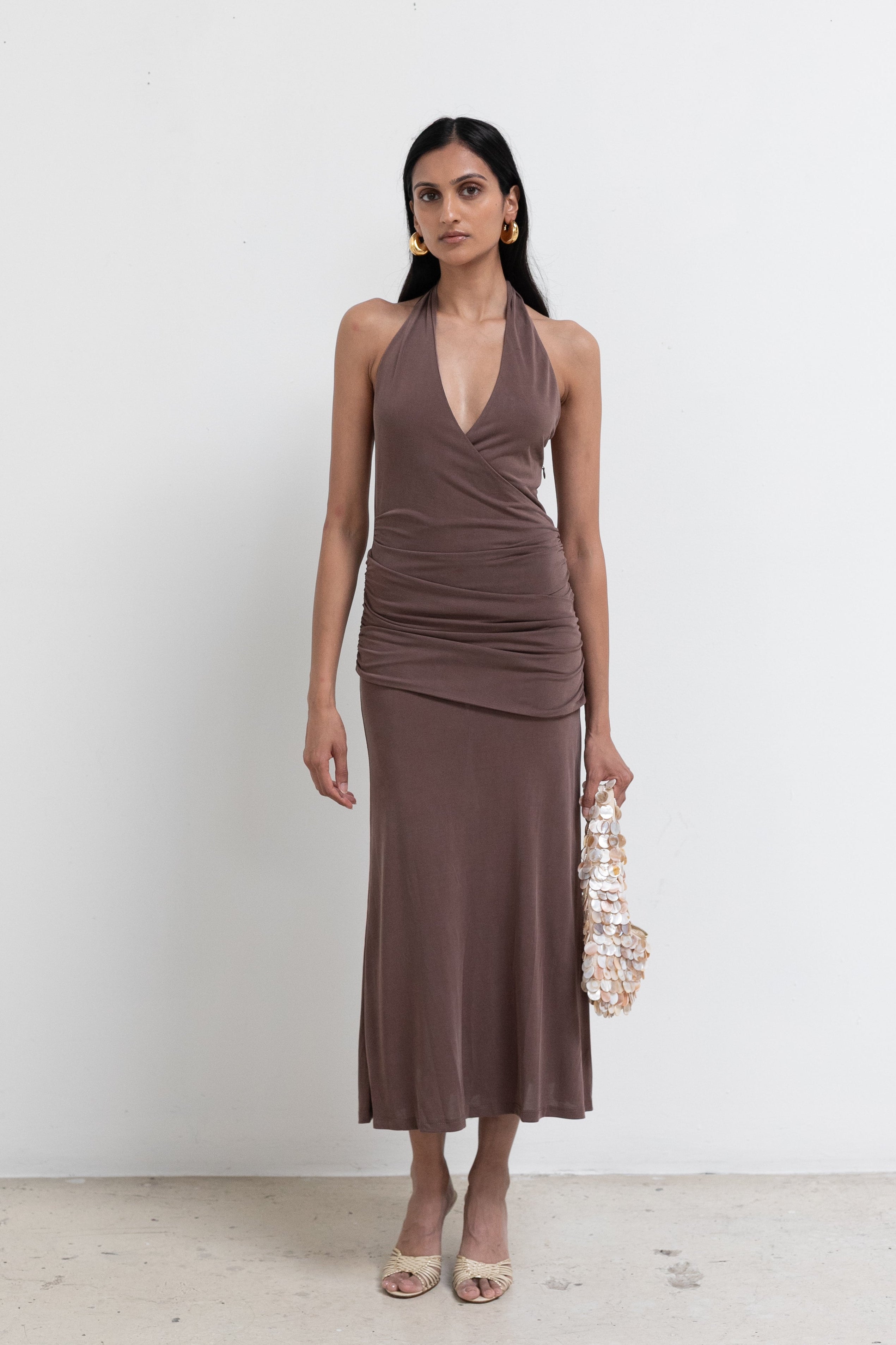 Brown Marina Halter Midi Dress