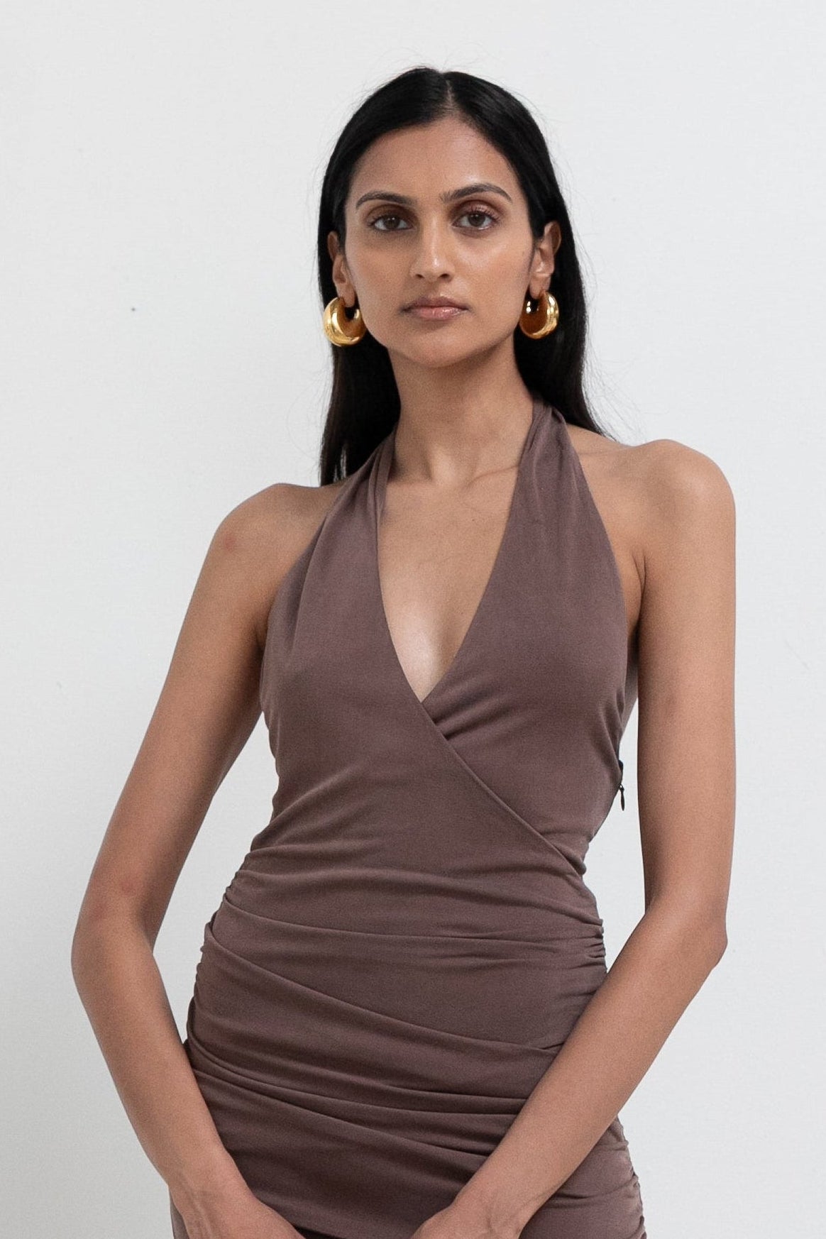 Brown Marina Halter Midi Dress