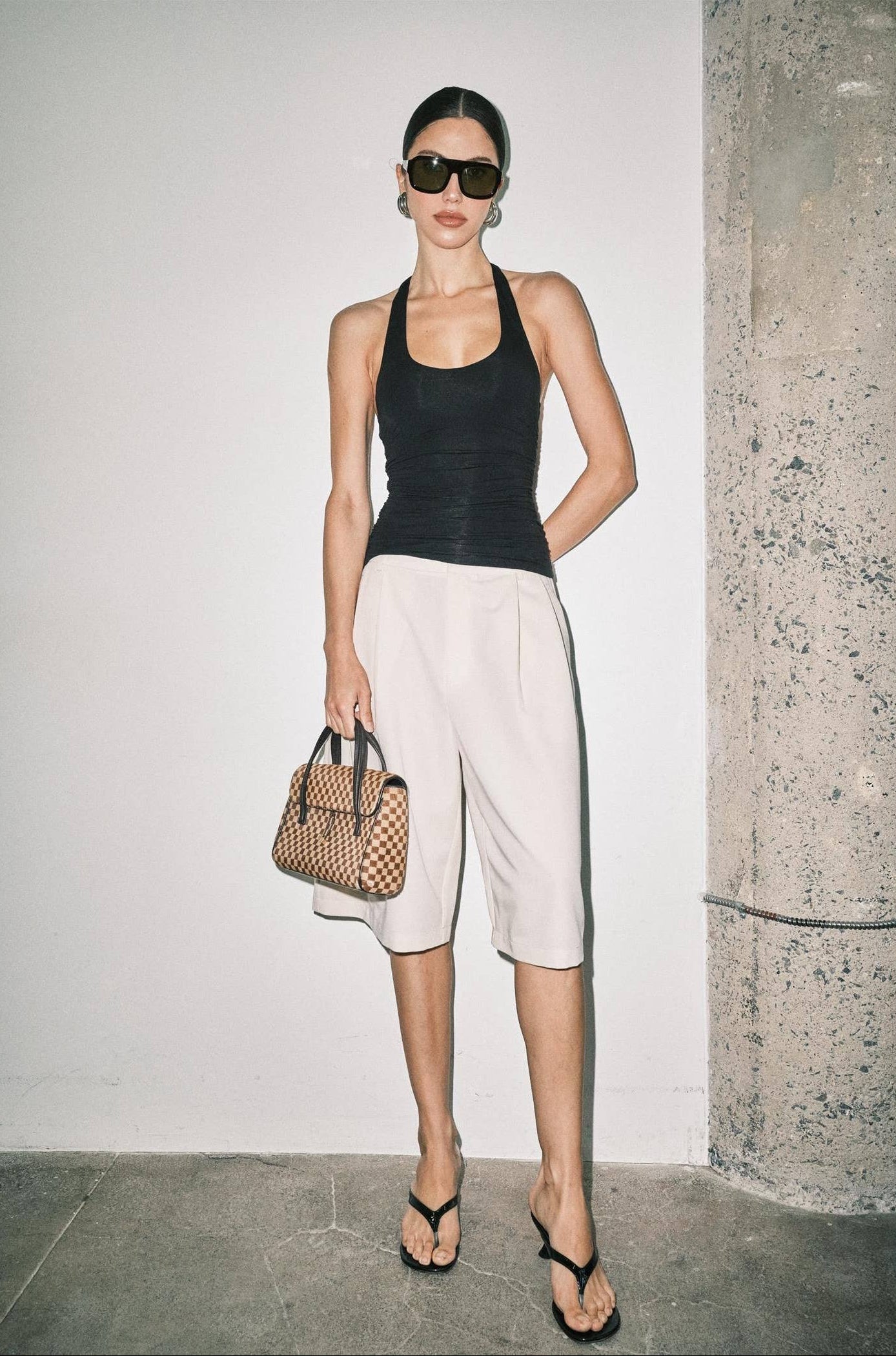 Cream Pleated Wide Leg Bermuda Shorts