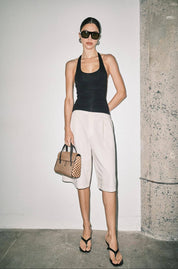 Cream Pleated Wide Leg Bermuda Shorts