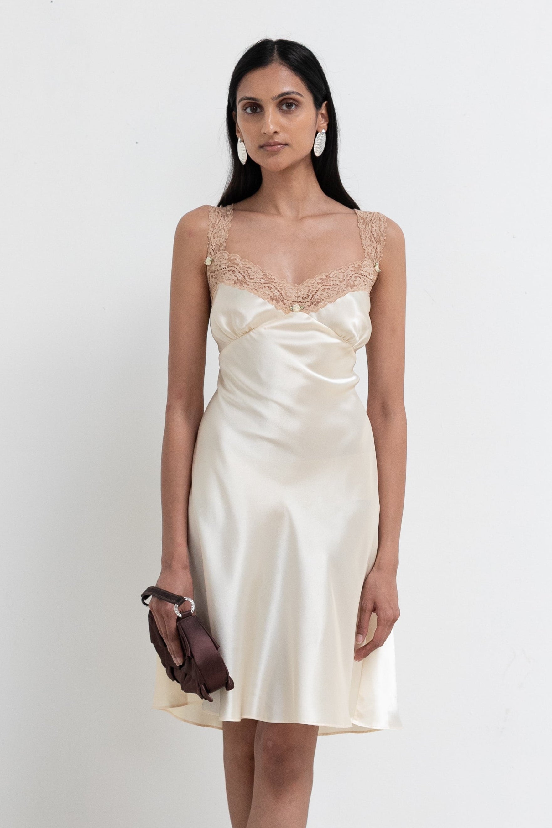 Vintage Pale Yellow Lace Satin Slip Dress