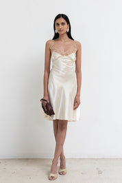 Vintage Pale Yellow Lace Satin Slip Dress