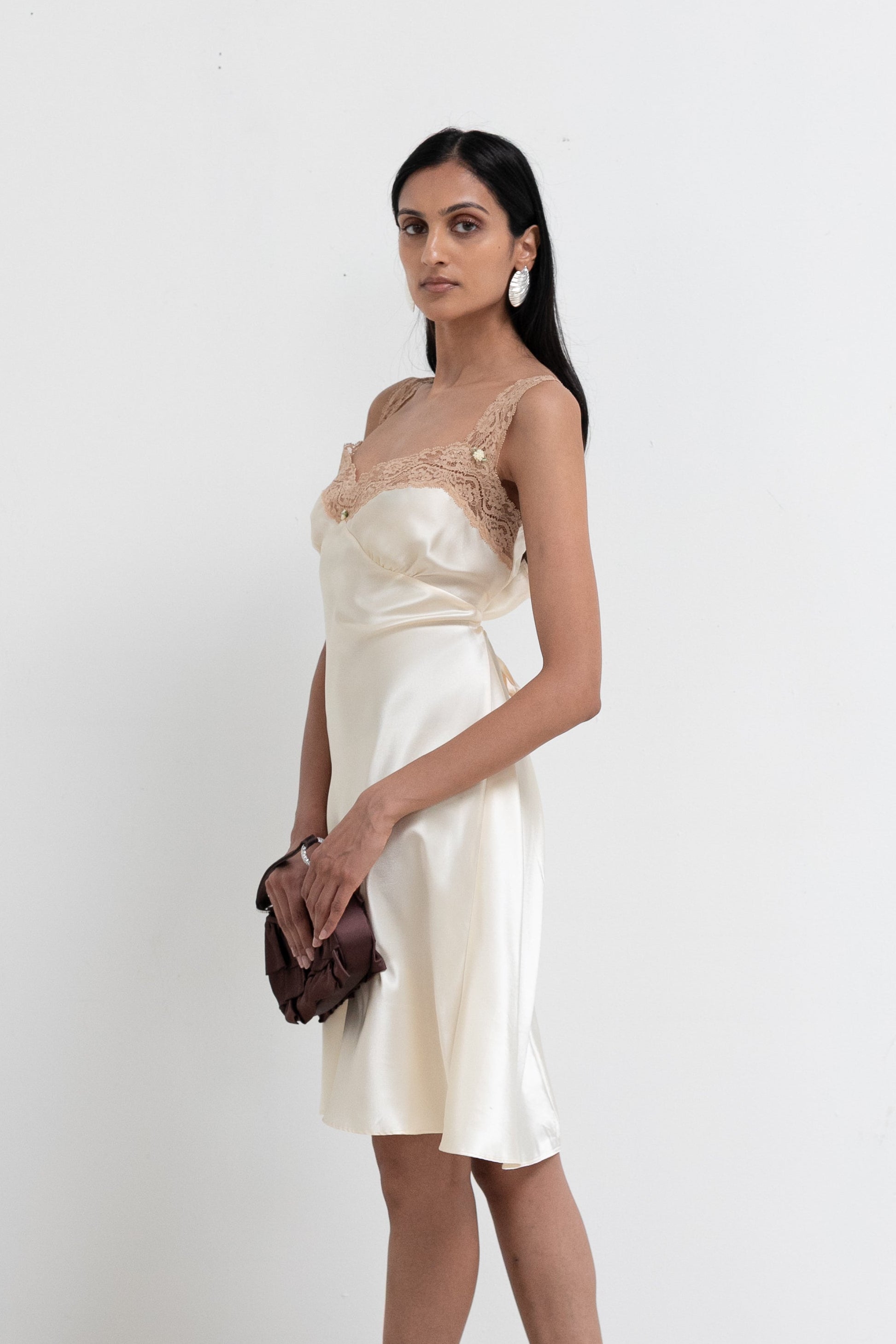 Vintage Pale Yellow Lace Satin Slip Dress