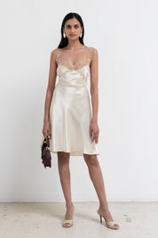 Vintage Pale Yellow Lace Satin Slip Dress