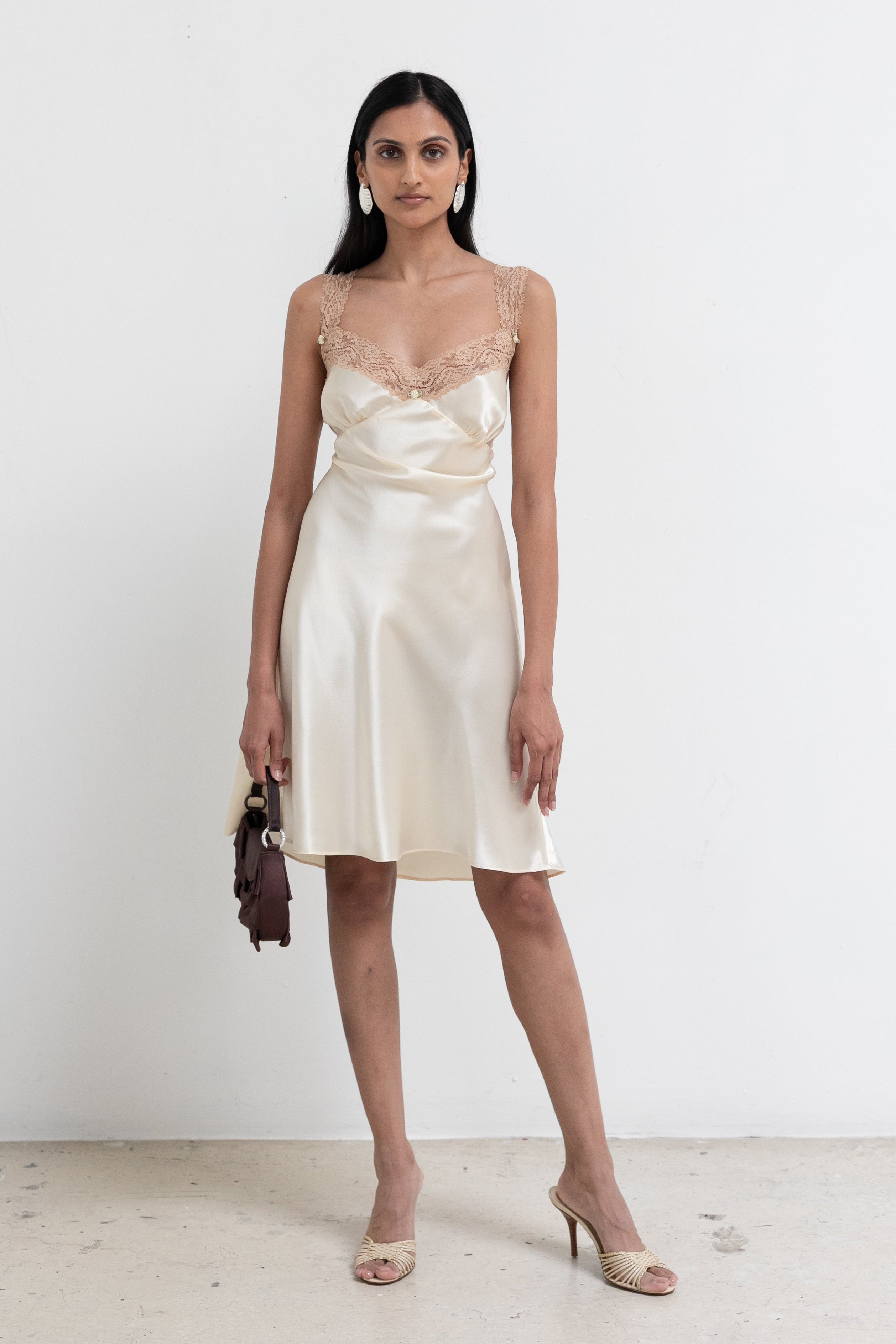 Vintage Pale Yellow Lace Satin Slip Dress
