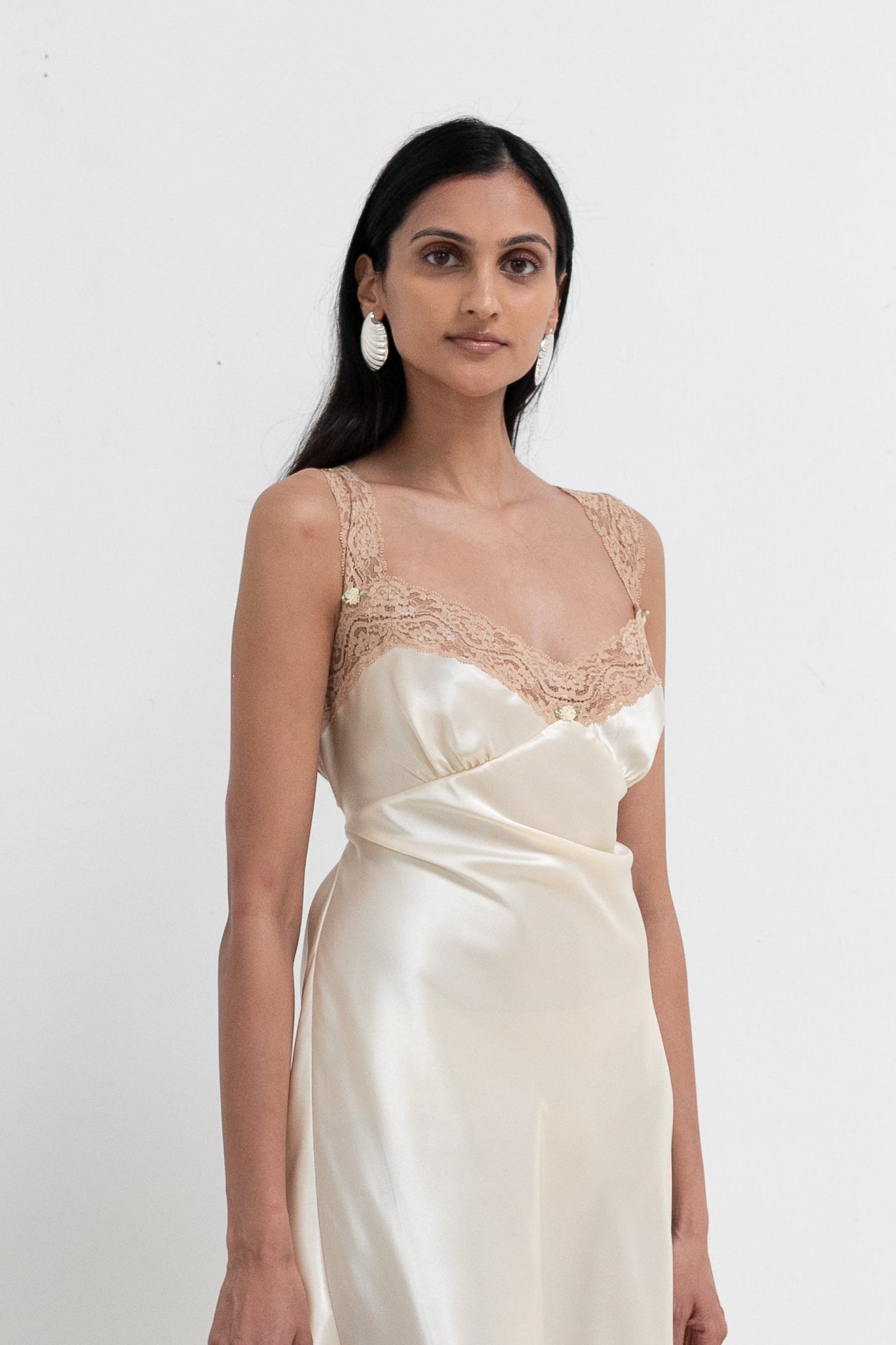 Vintage Pale Yellow Lace Satin Slip Dress