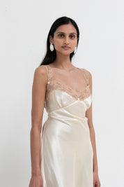 Vintage Pale Yellow Lace Satin Slip Dress