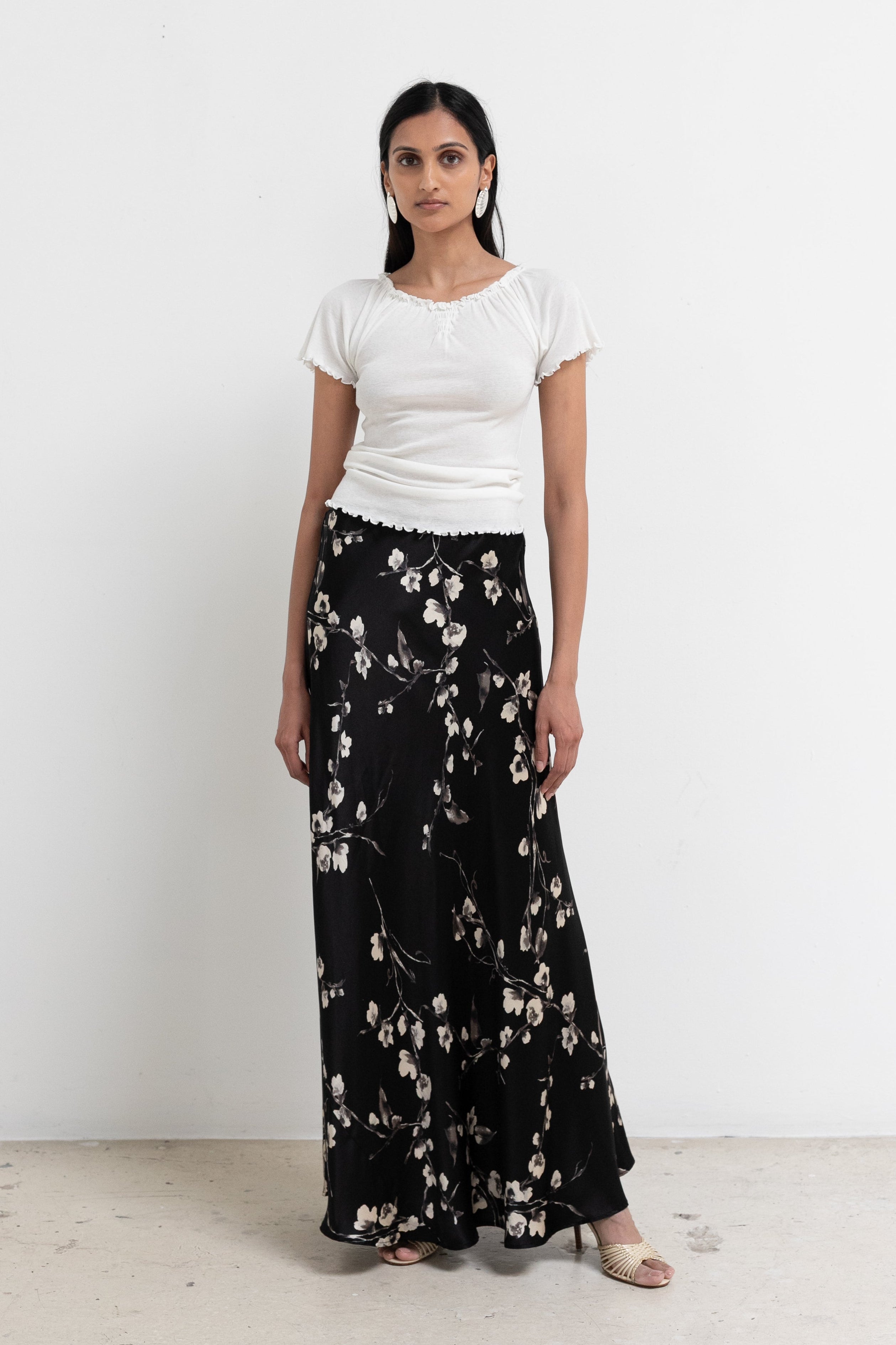Vintage Black Silk Floral Maxi Skirt