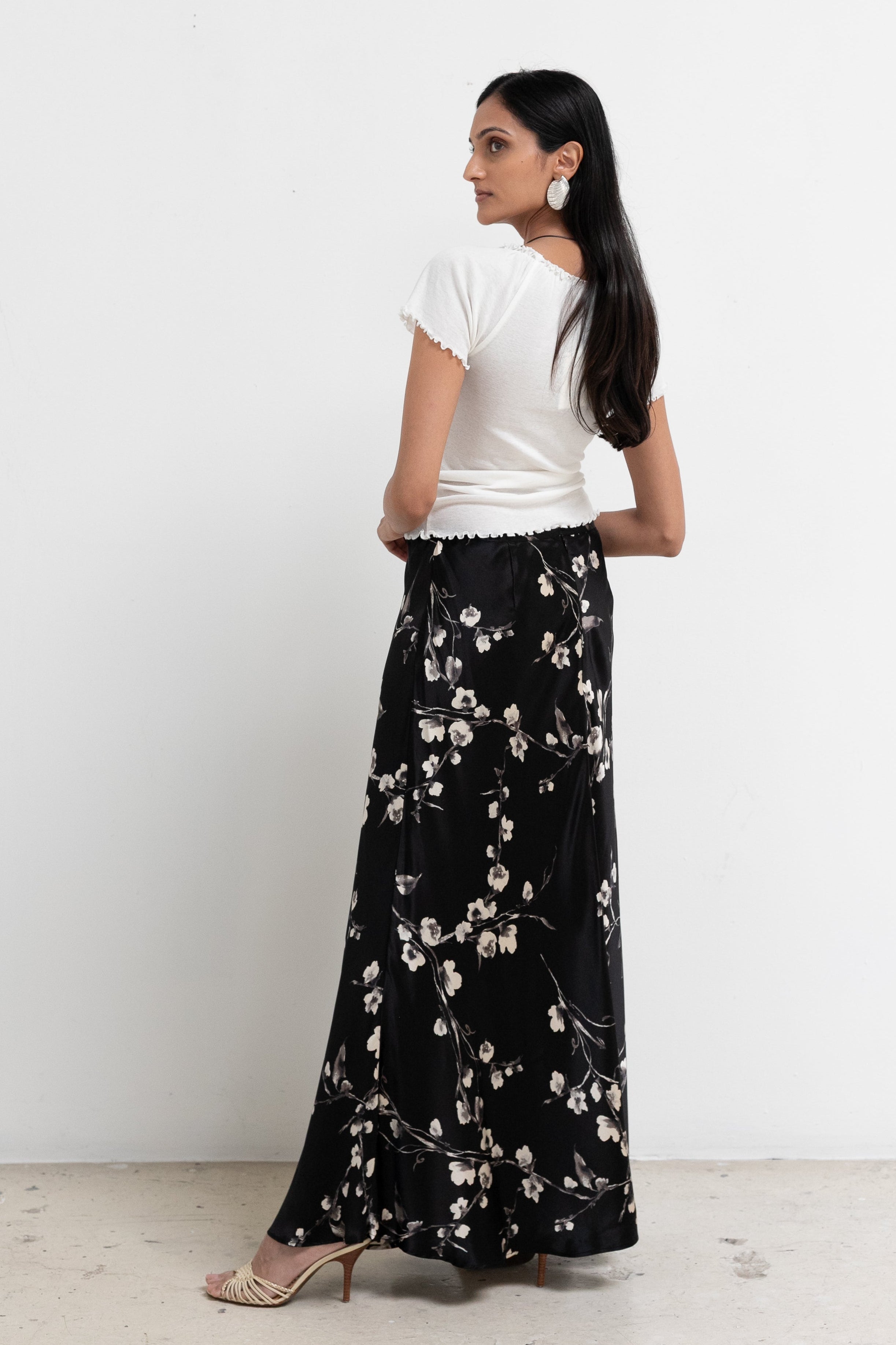 Vintage Black Silk Floral Maxi Skirt