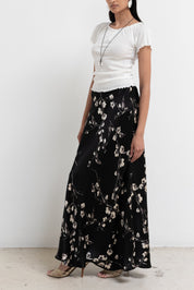 Vintage Black Silk Floral Maxi Skirt