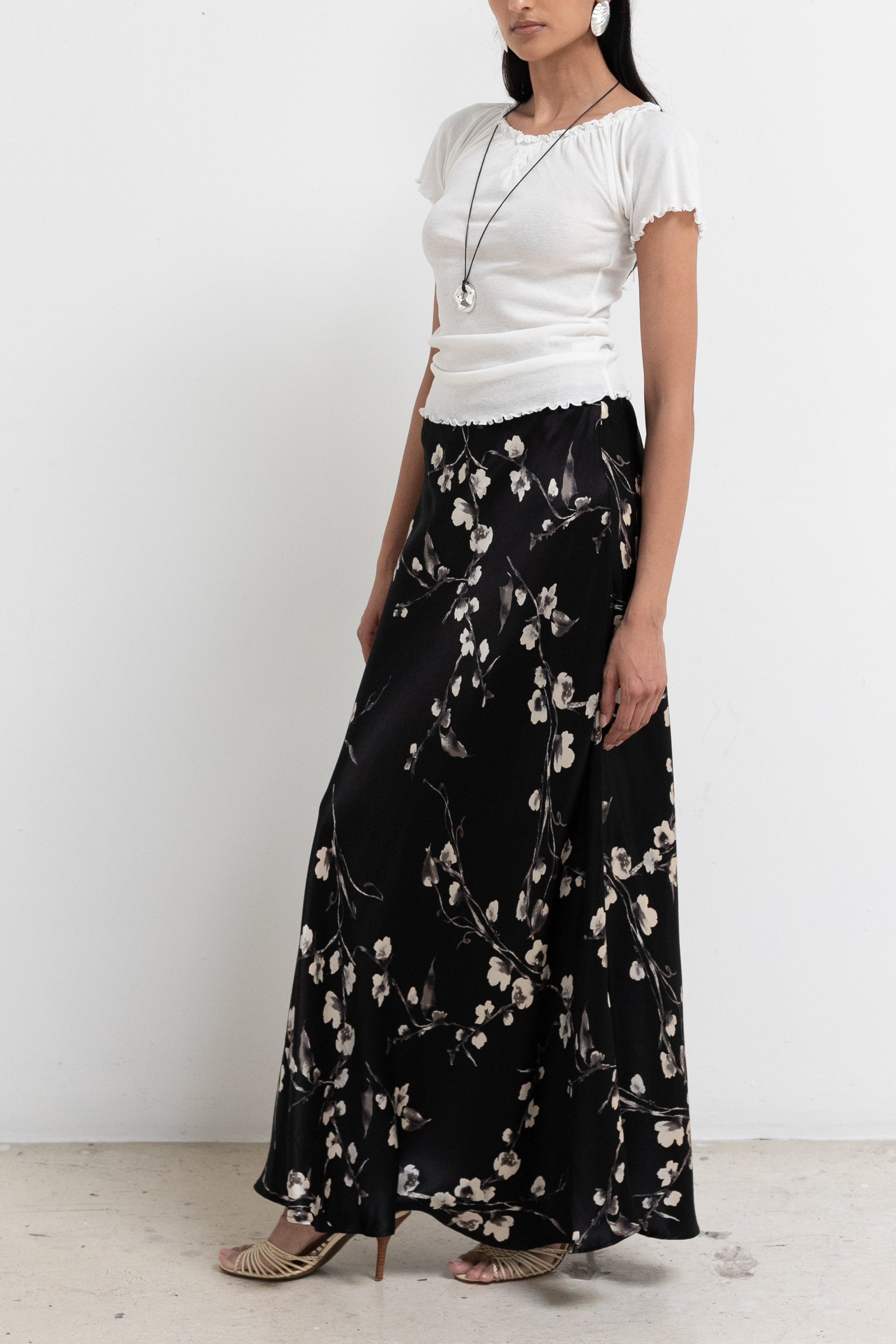Vintage Black Silk Floral Maxi Skirt