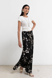 Vintage Black Silk Floral Maxi Skirt