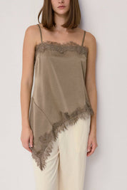 Taupe Asymmetrical Lace Satin Top